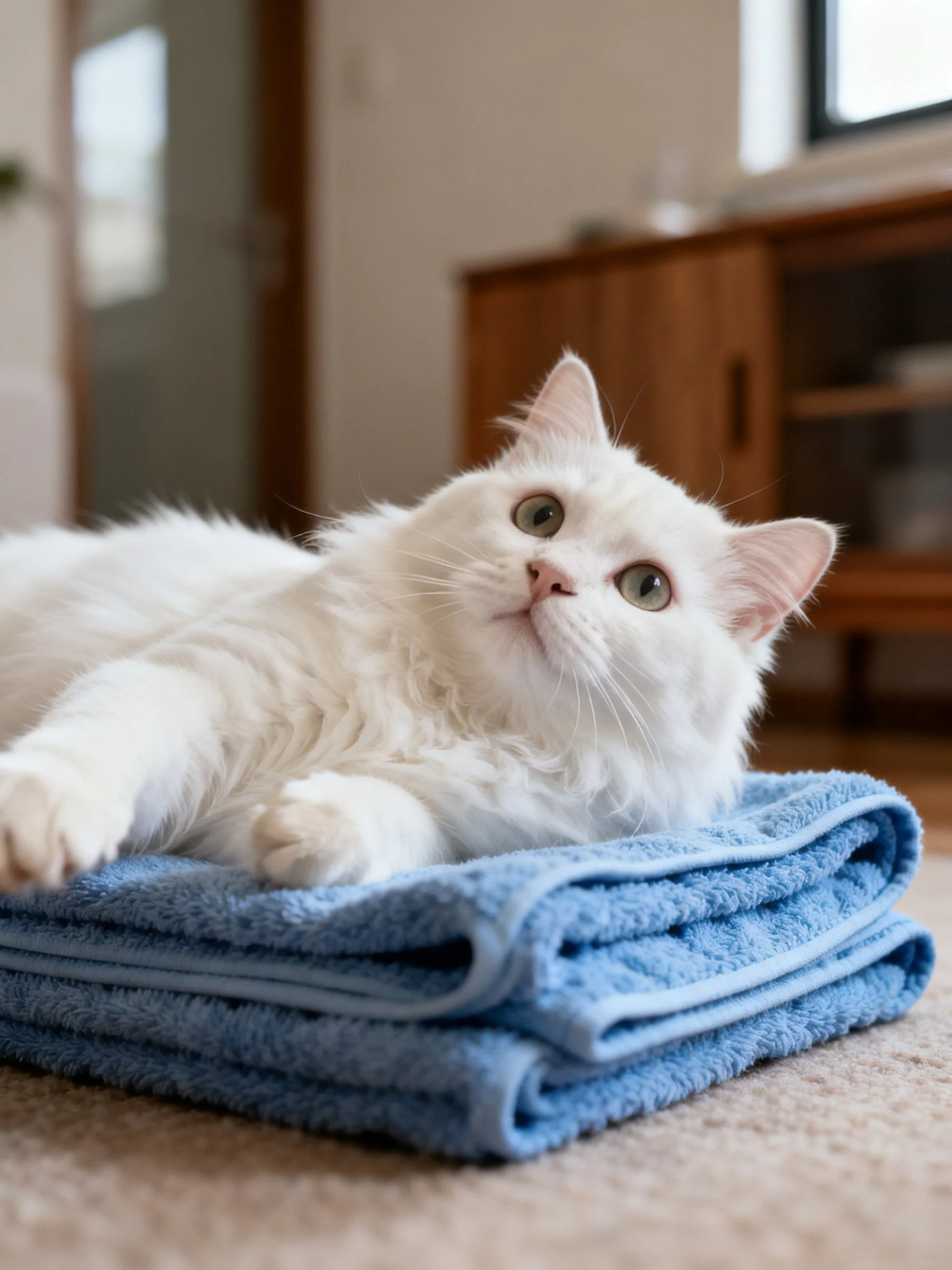 A white cat relaxes on folded blue towels in a cozy indoor space.