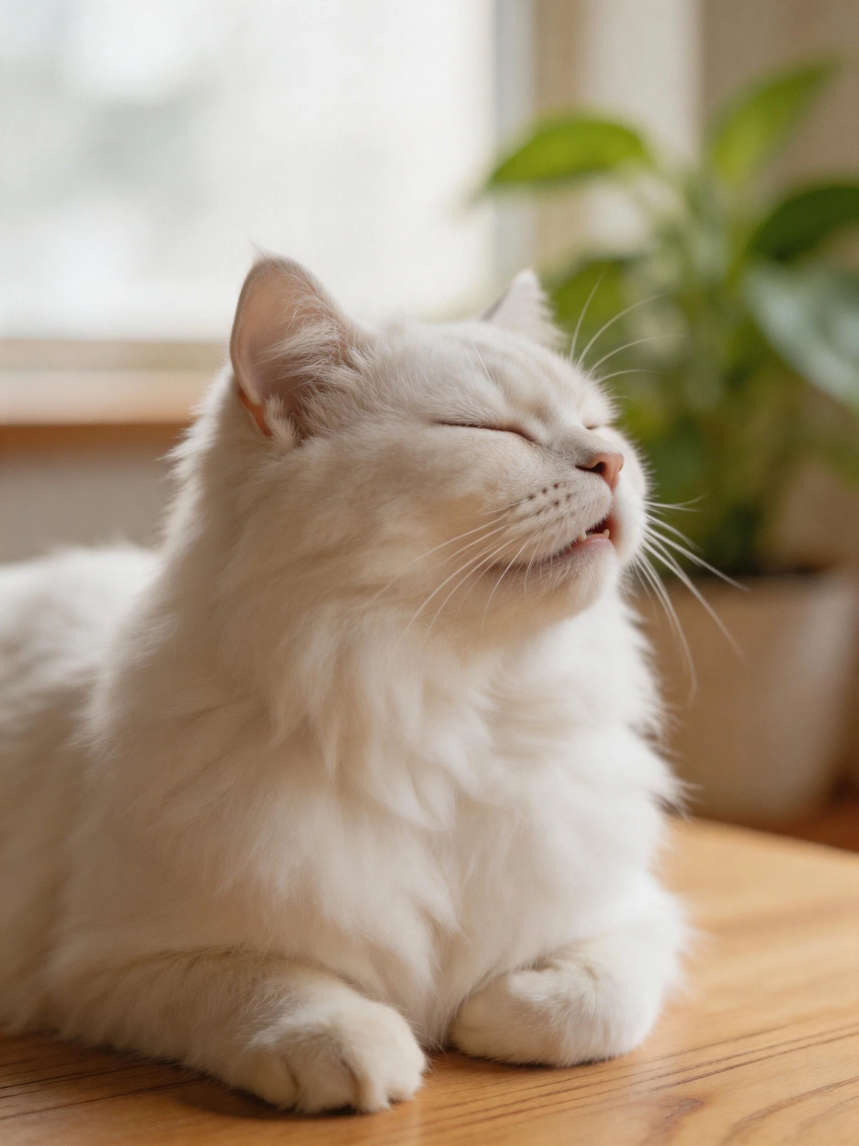 A fluffy white cat relaxes near a potted plant in soft lighting.