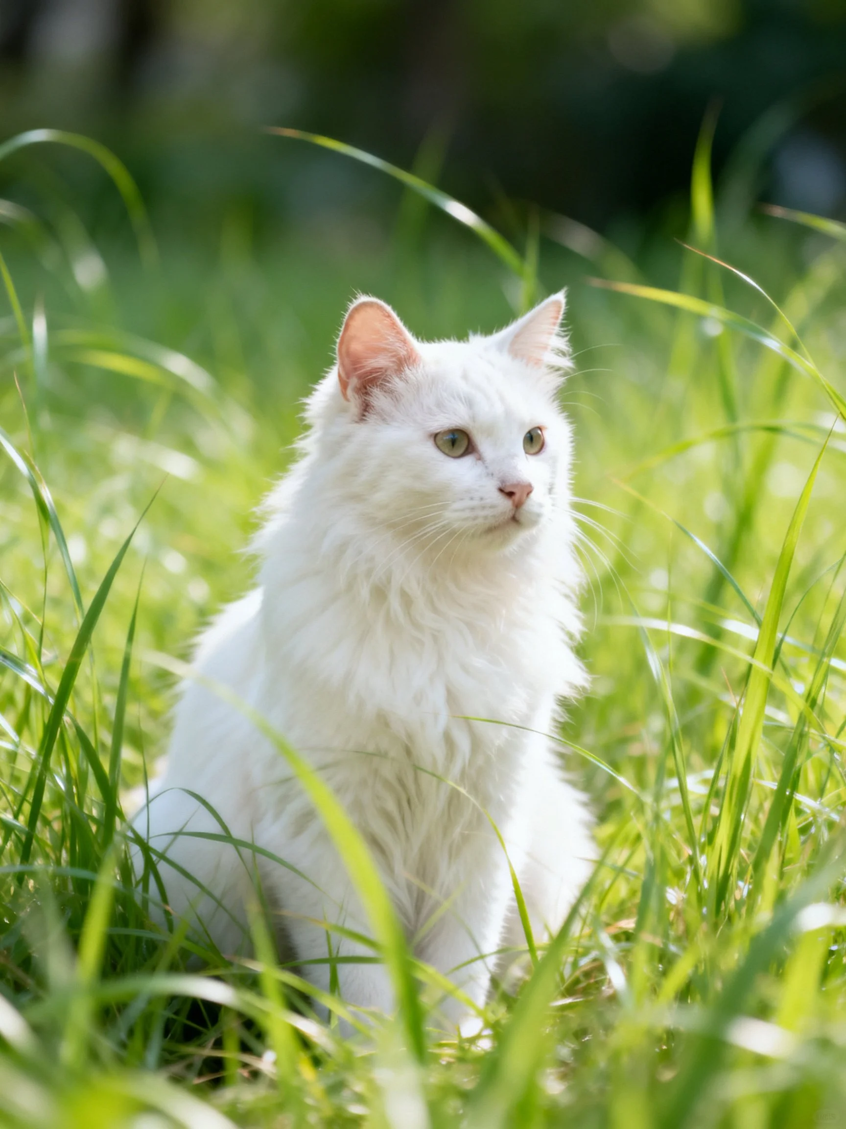 A fluffy white cat sits among tall green grass in bright sunlight