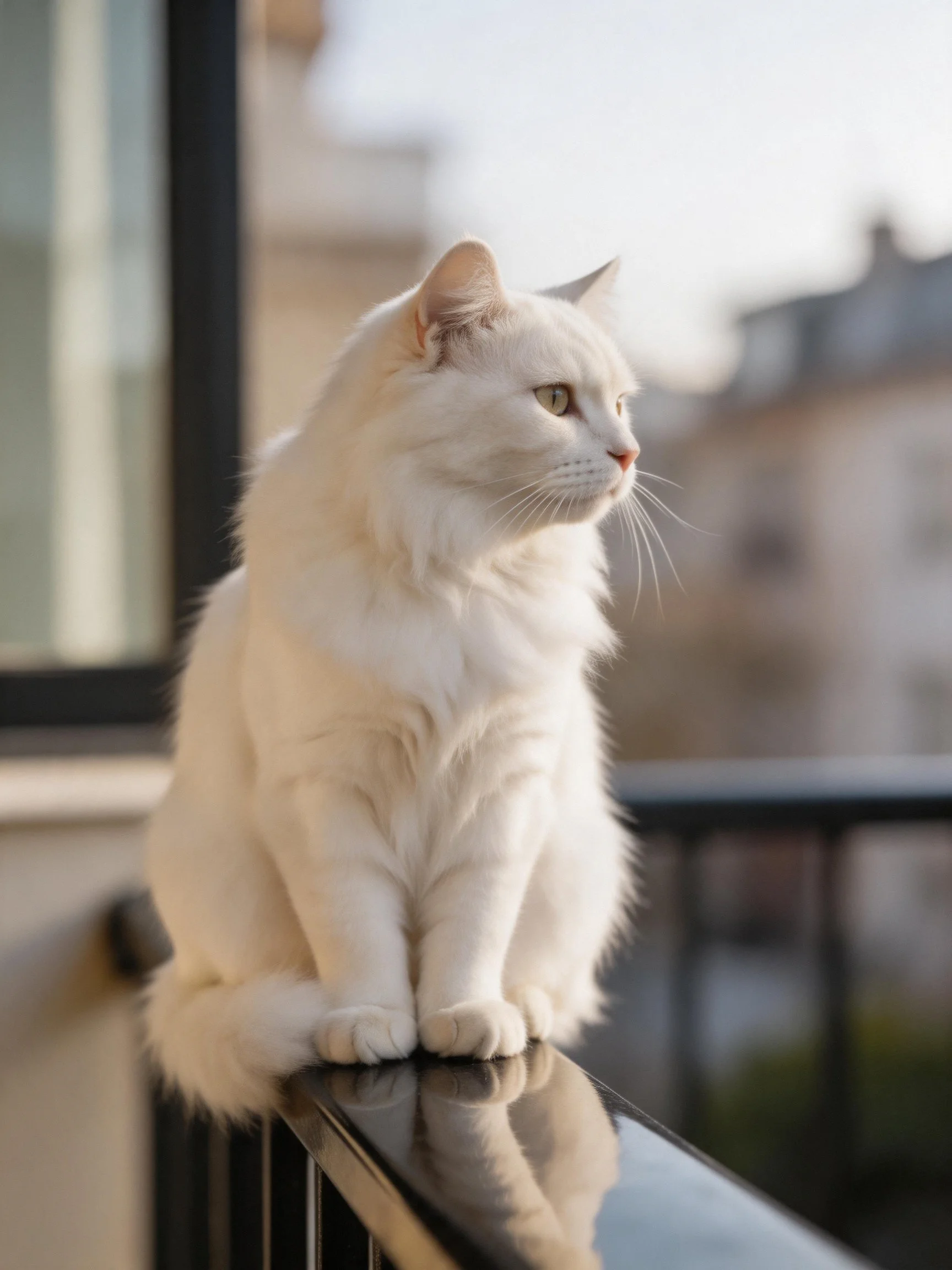 A fluffy white cat sits atop a balcony railing, gazing into the distance.