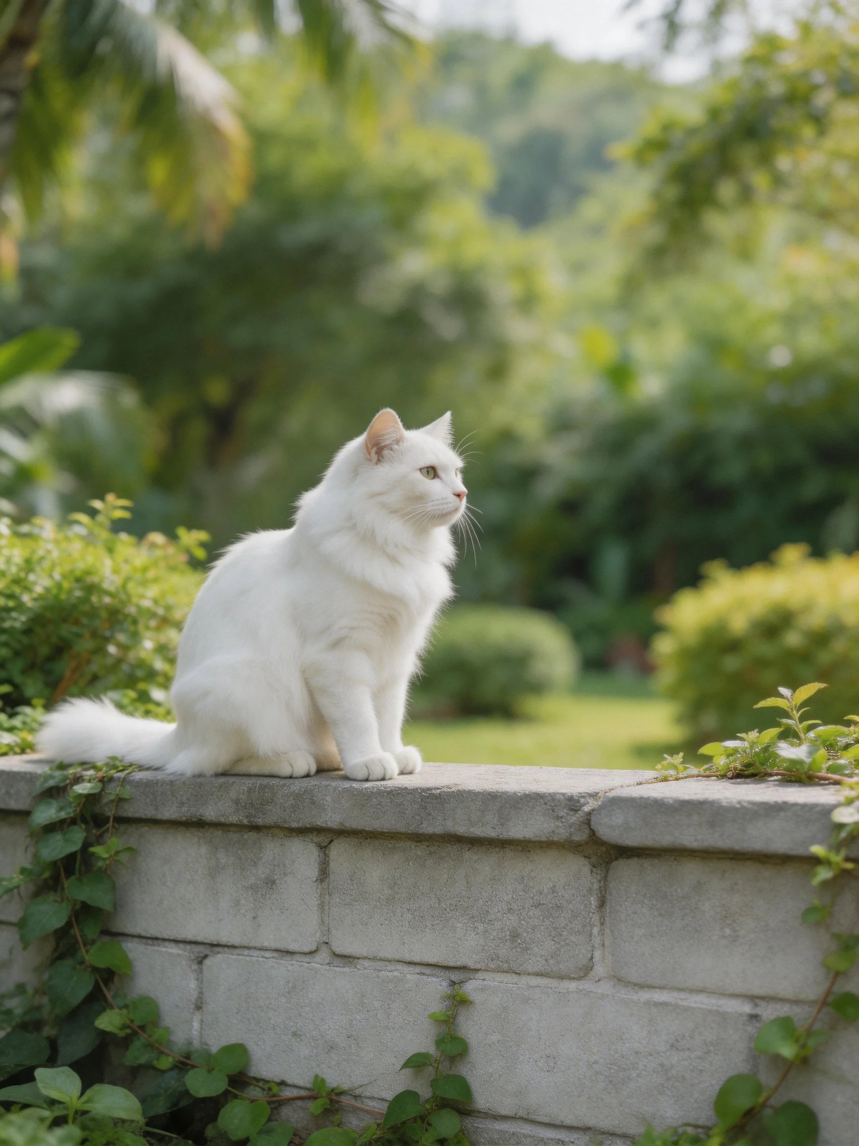 A fluffy white cat sits atop a stone wall in a lush garden