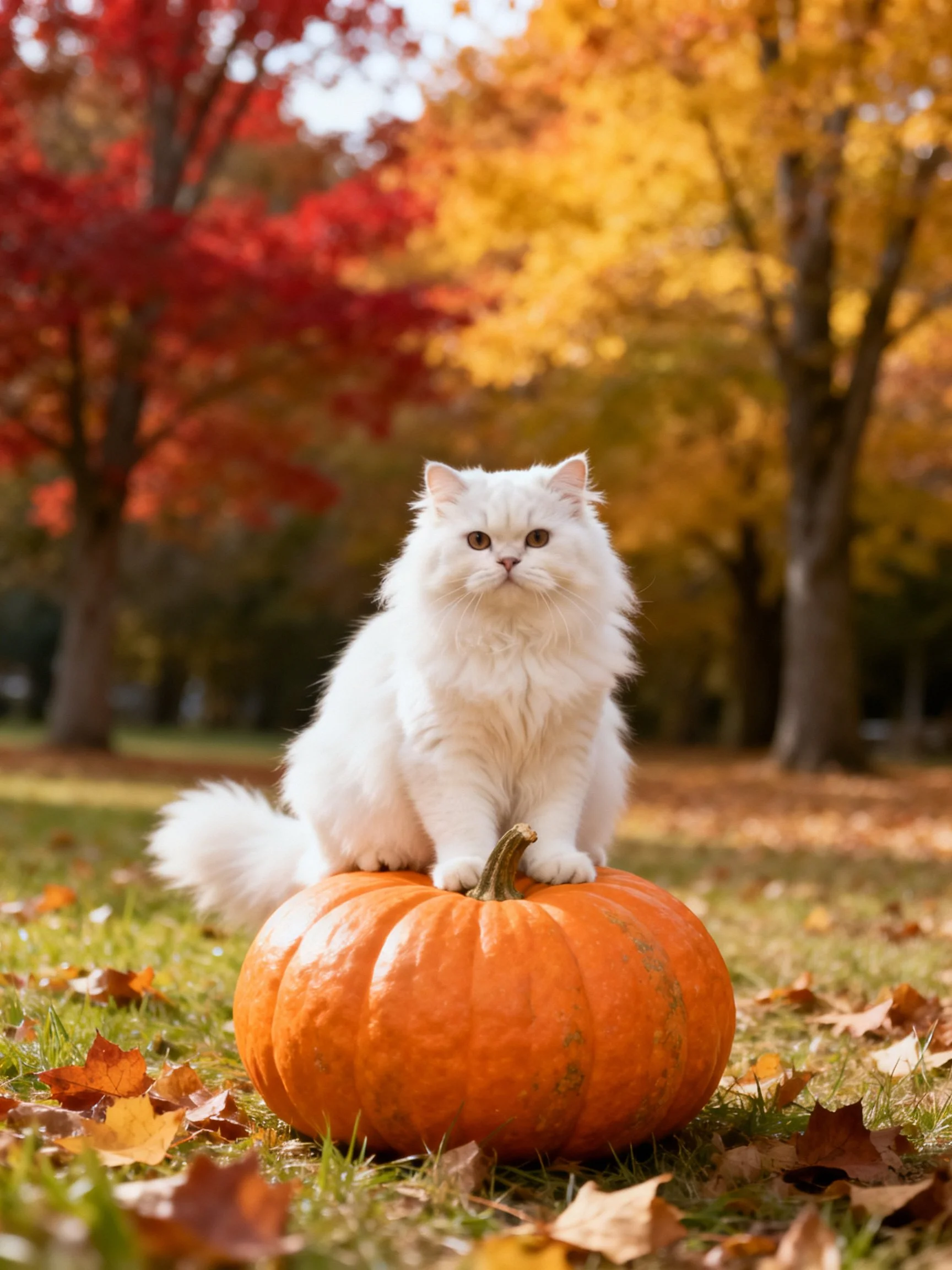 A fluffy white cat sits atop an orange pumpkin among autumn trees