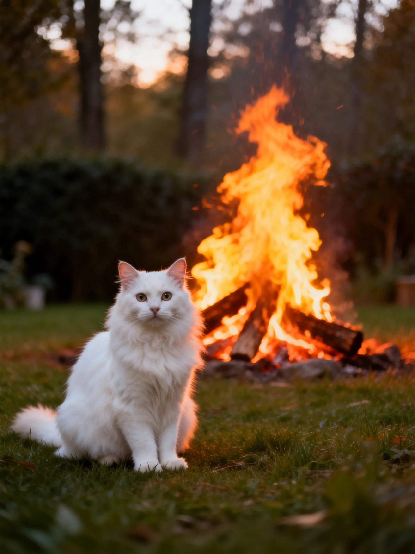 A fluffy white cat sits calmly next to a large blazing campfire outdoors.