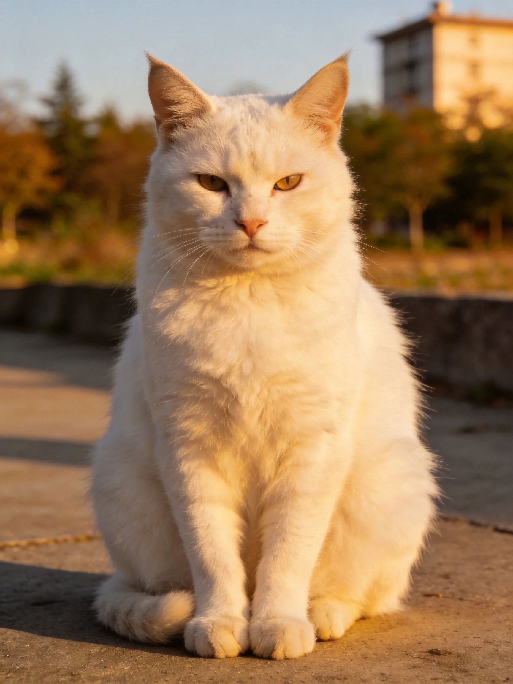A fluffy white cat sits calmly in warm outdoor light