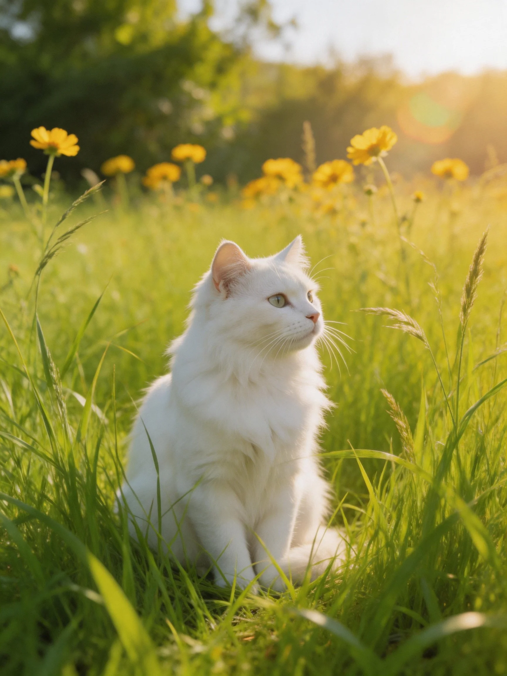 A white cat rests among tall green grass and yellow flowers in a sunlit outdoor space.