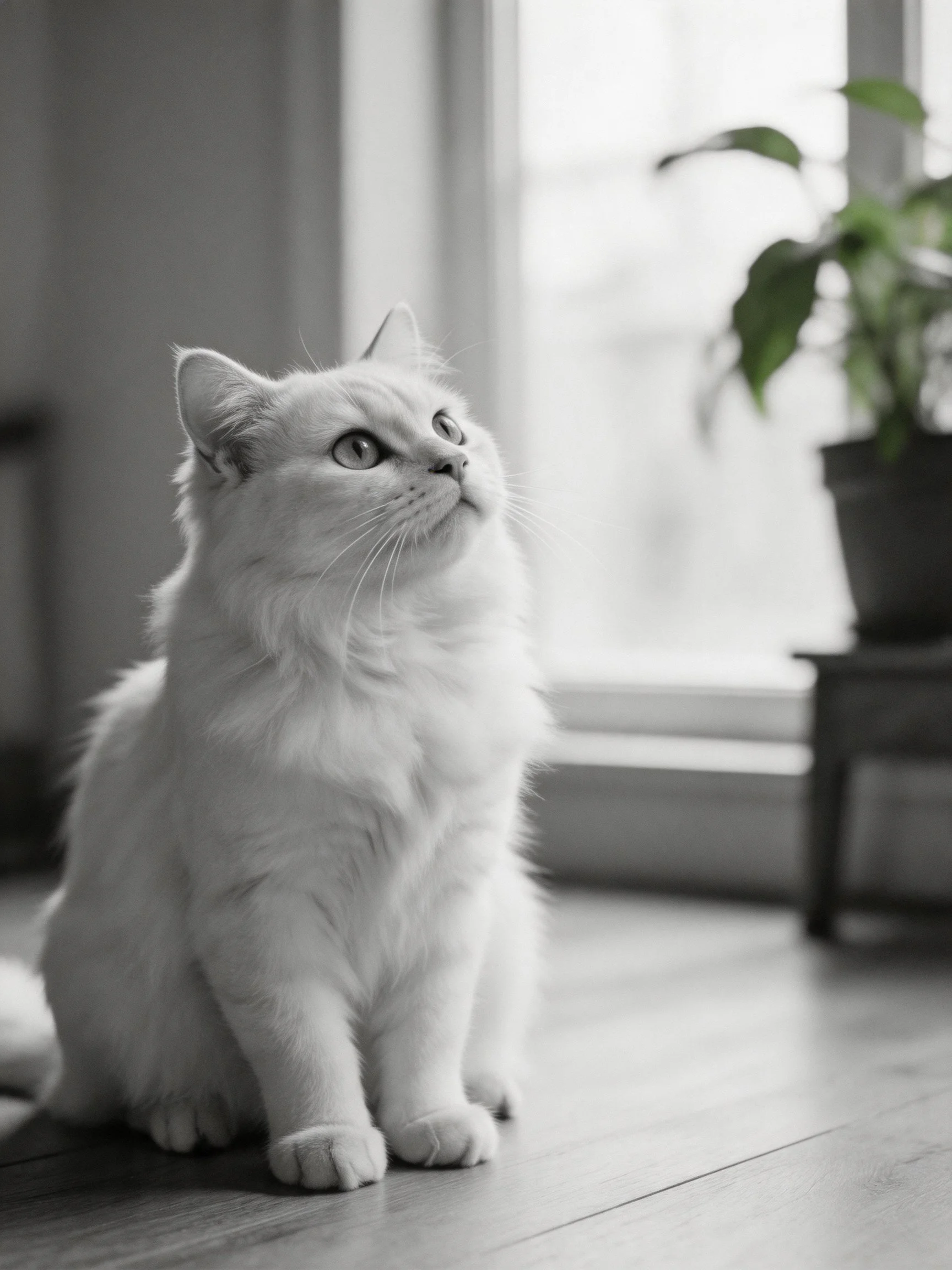A fluffy white cat sits indoors near a window with a potted plant.