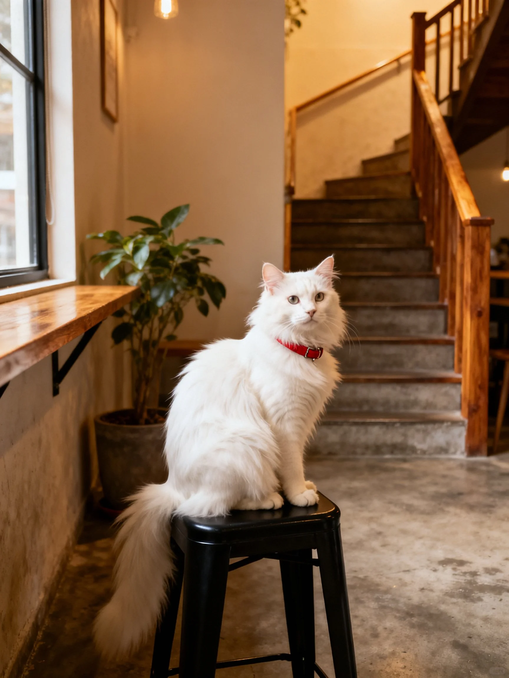 A fluffy white cat sits on a black stool in a cozy indoor space with stairs.