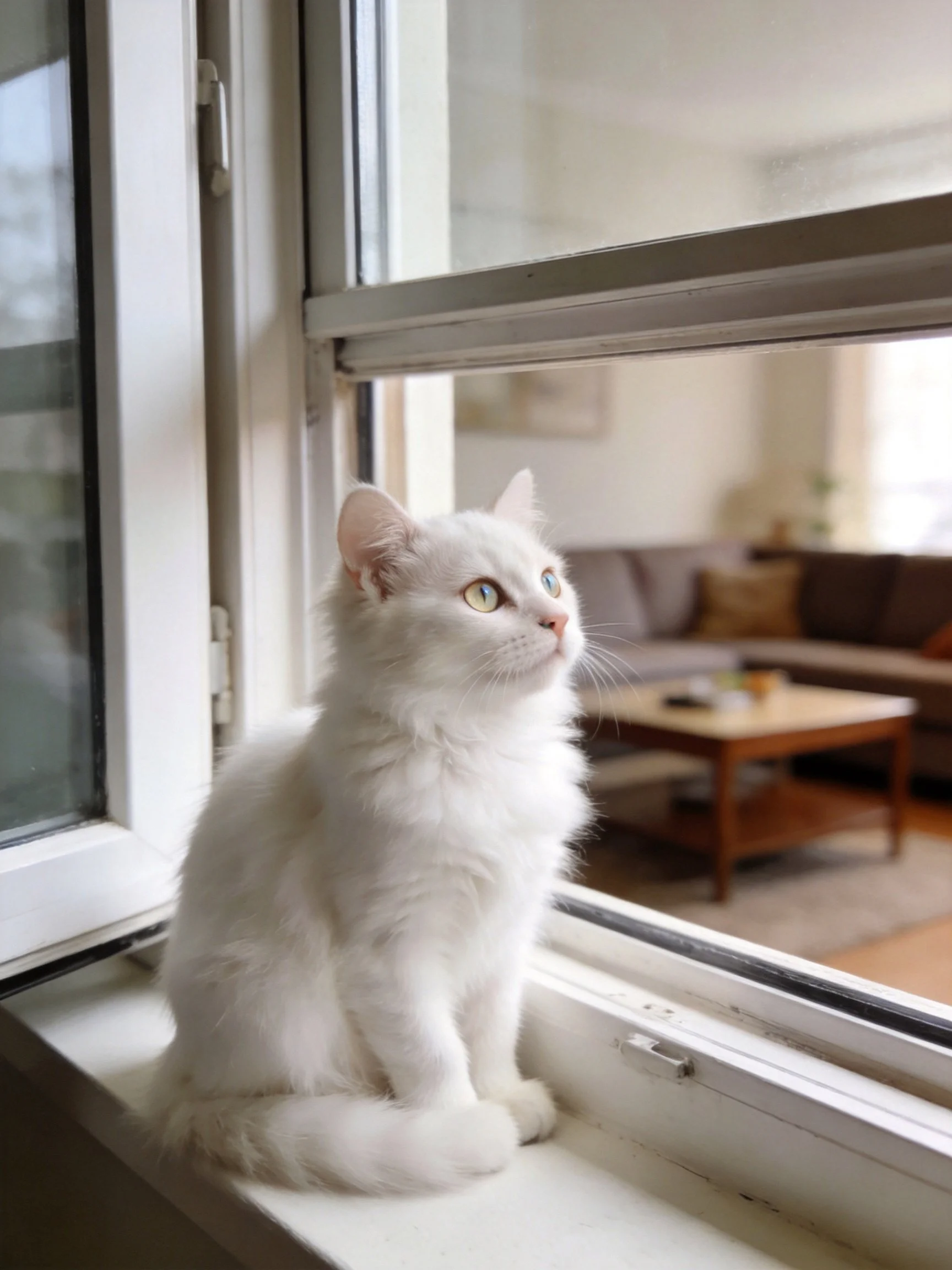 A fluffy white cat sits on a windowsill, gazing outside.