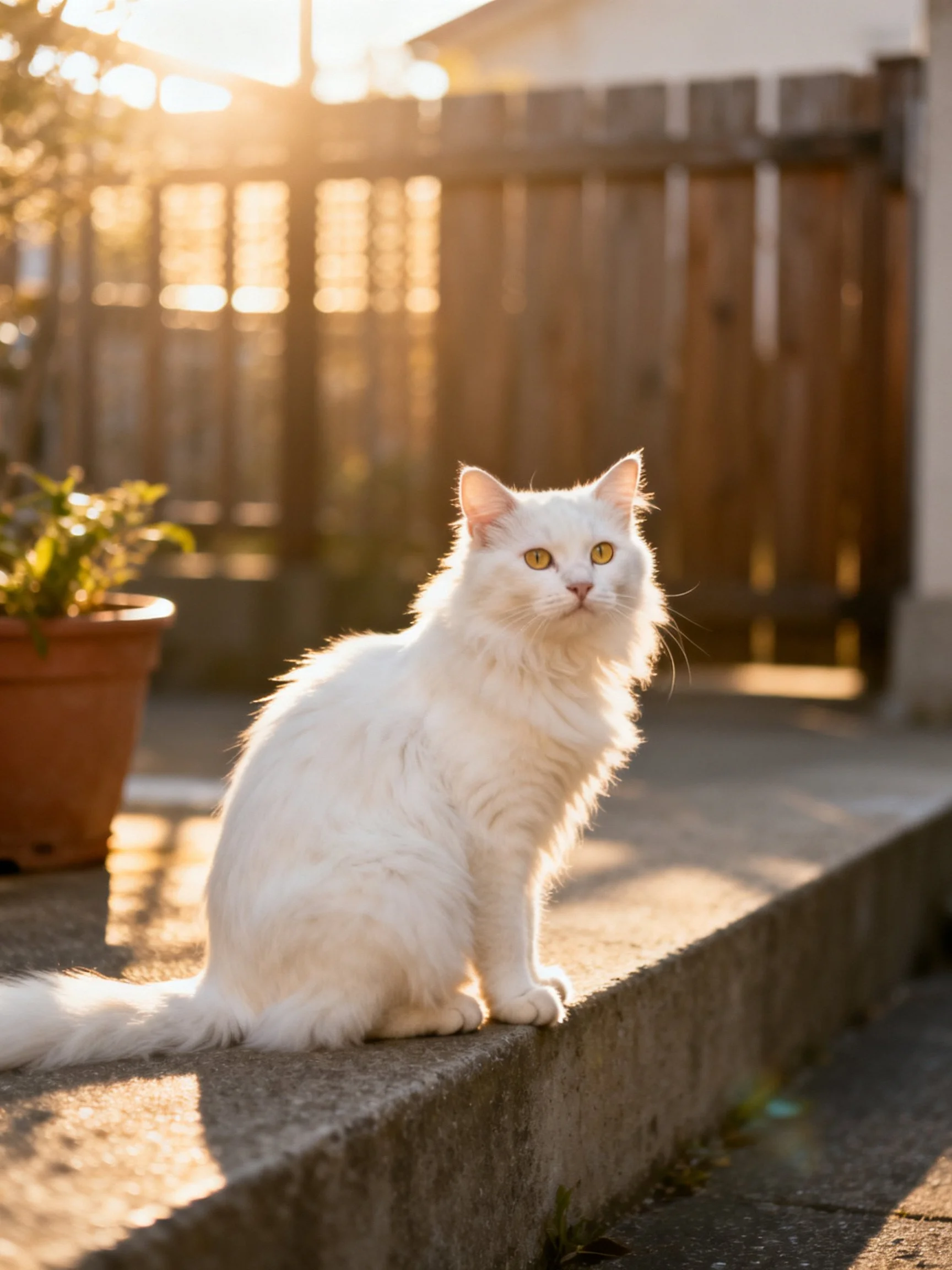 A fluffy white cat sits on a concrete ledge near a wooden fence
