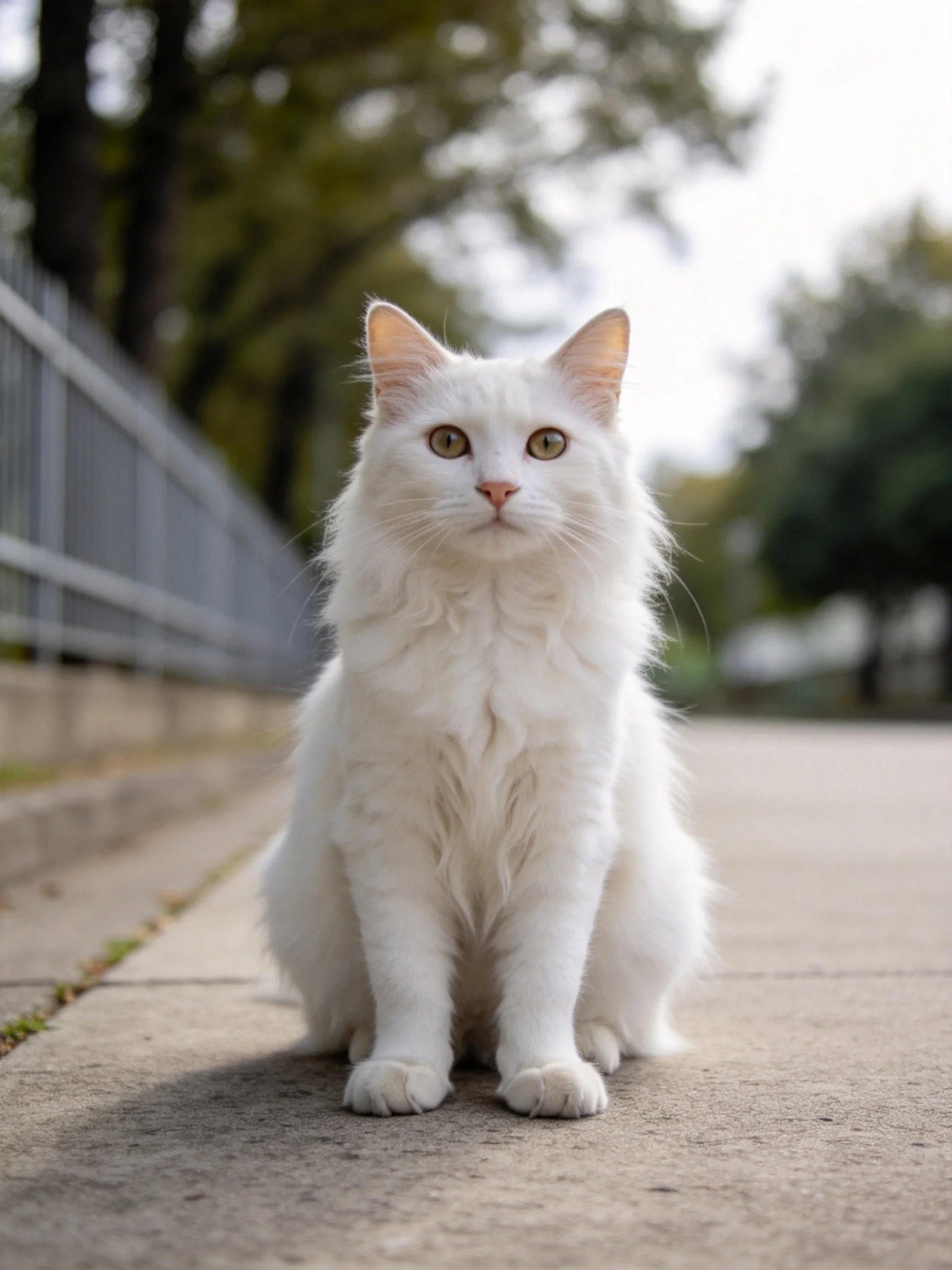 A fluffy white cat sits on a concrete path near greenery