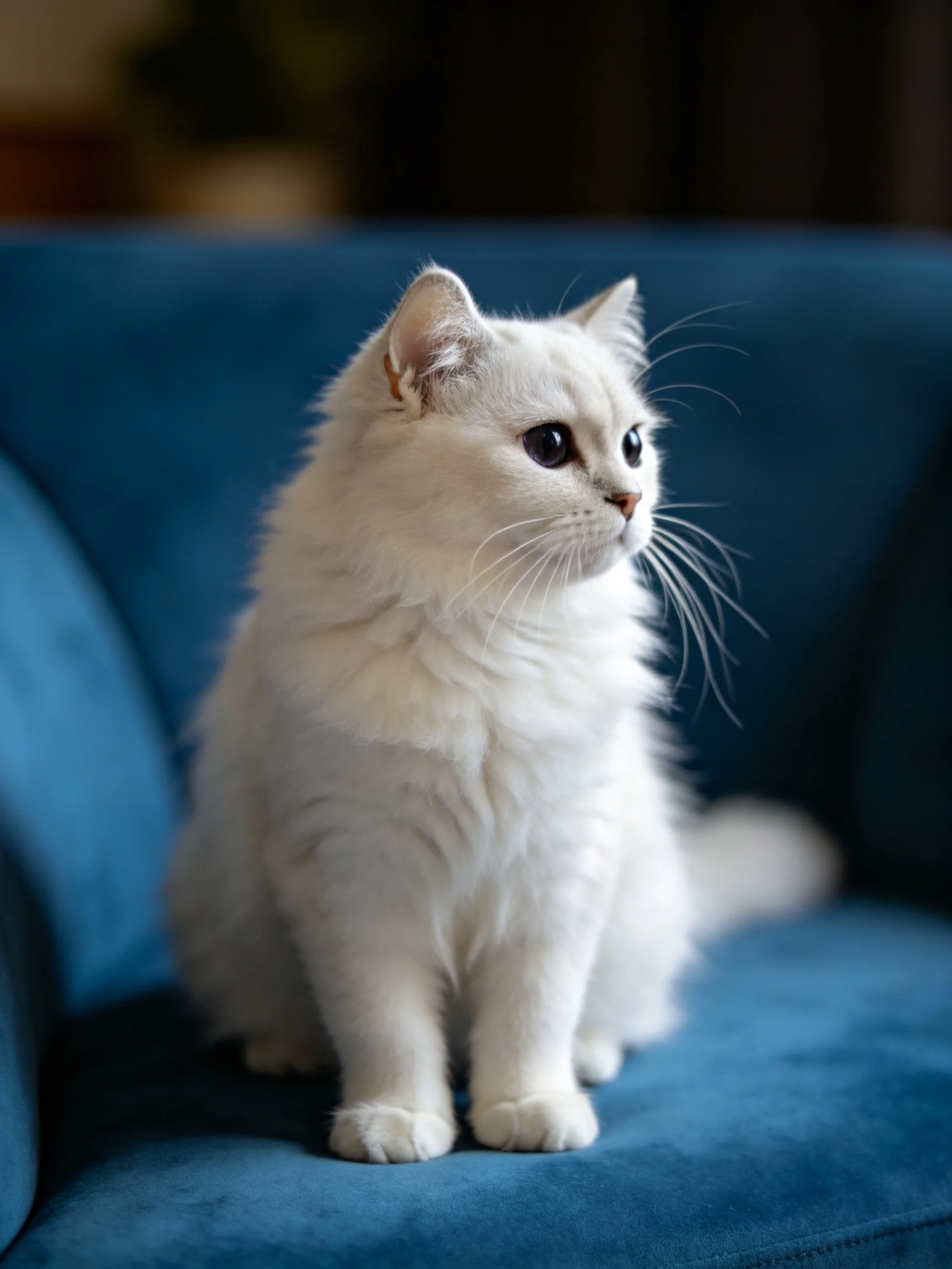 A fluffy white cat sits on a deep blue velvet chair