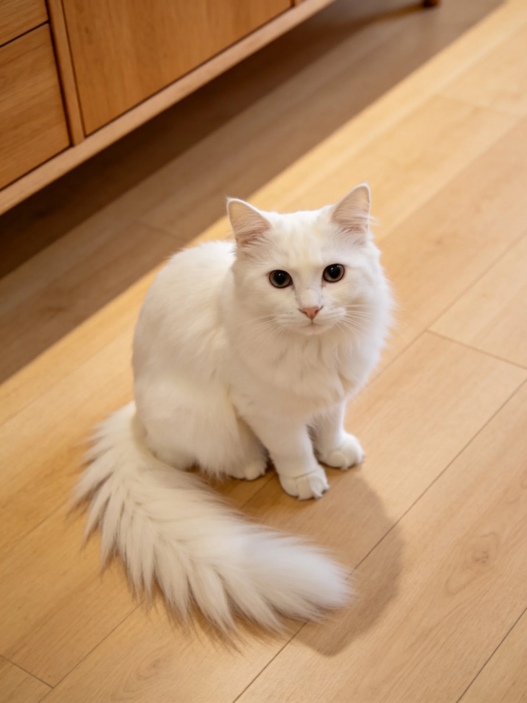 A fluffy white cat sits calmly on a wooden floor near a wooden cabinet