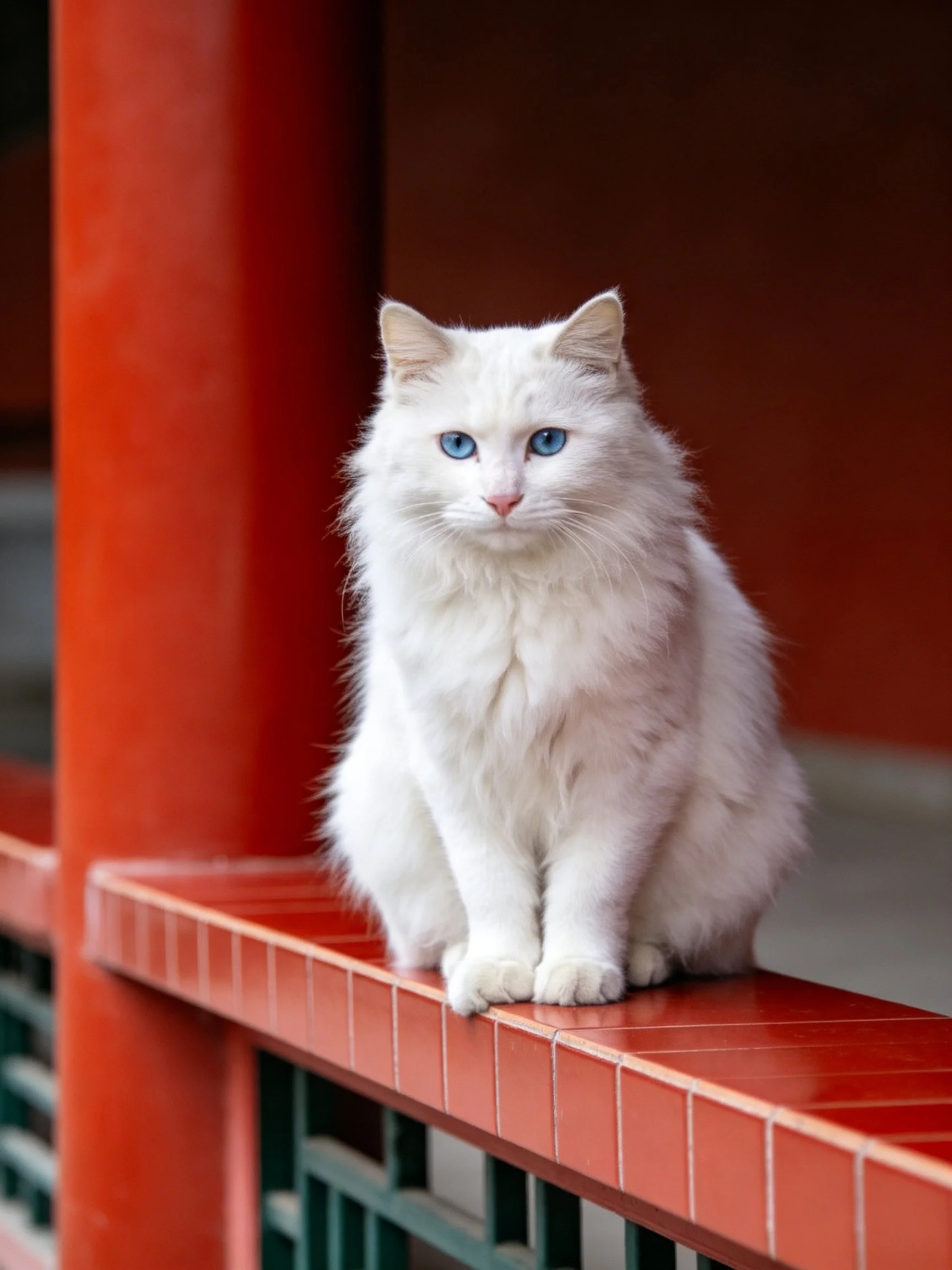 A white cat sits on a red ledge next to a red column