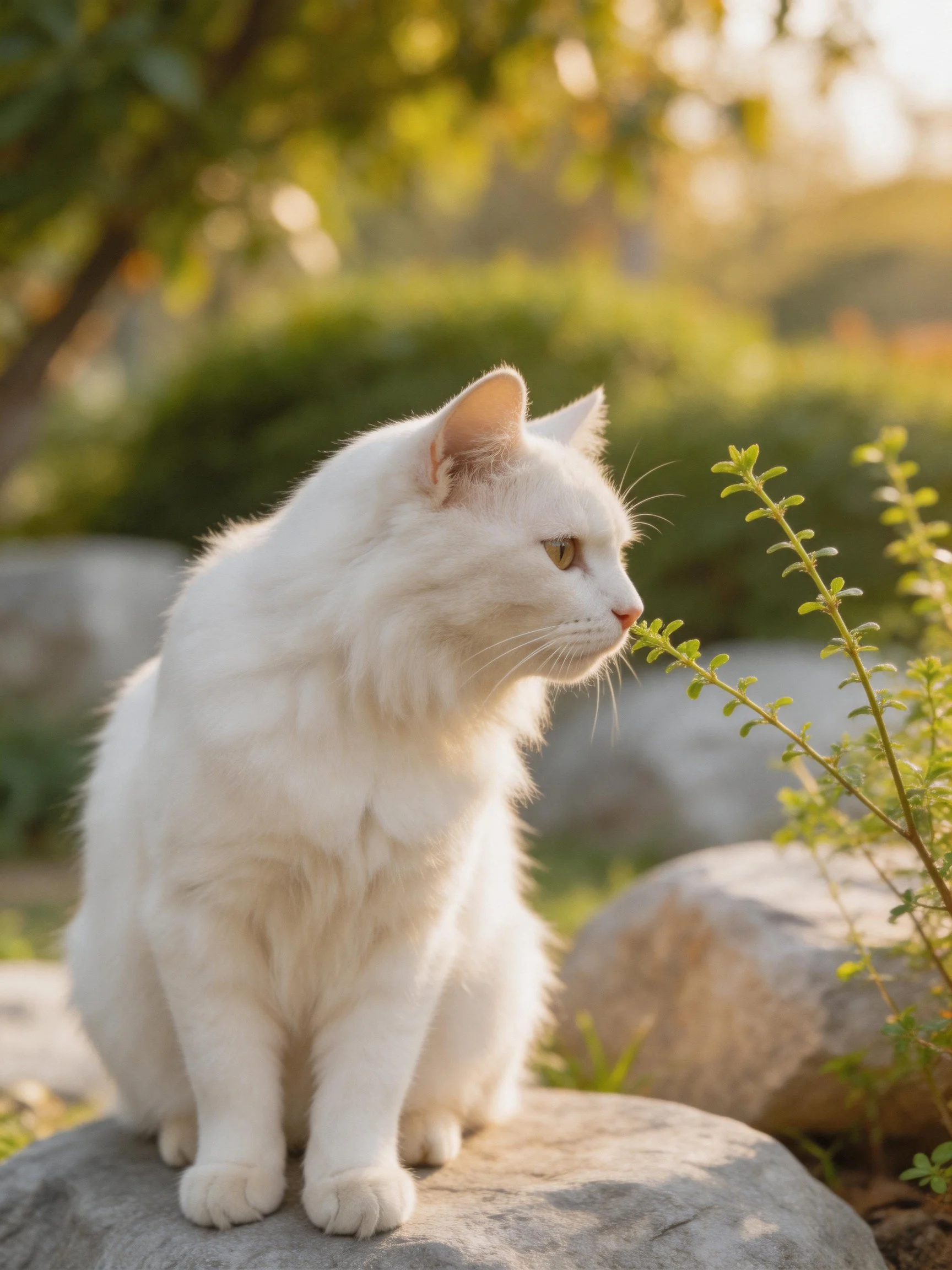 A fluffy white cat sits on a rock observing nearby plants in a sunlit outdoor setting.
