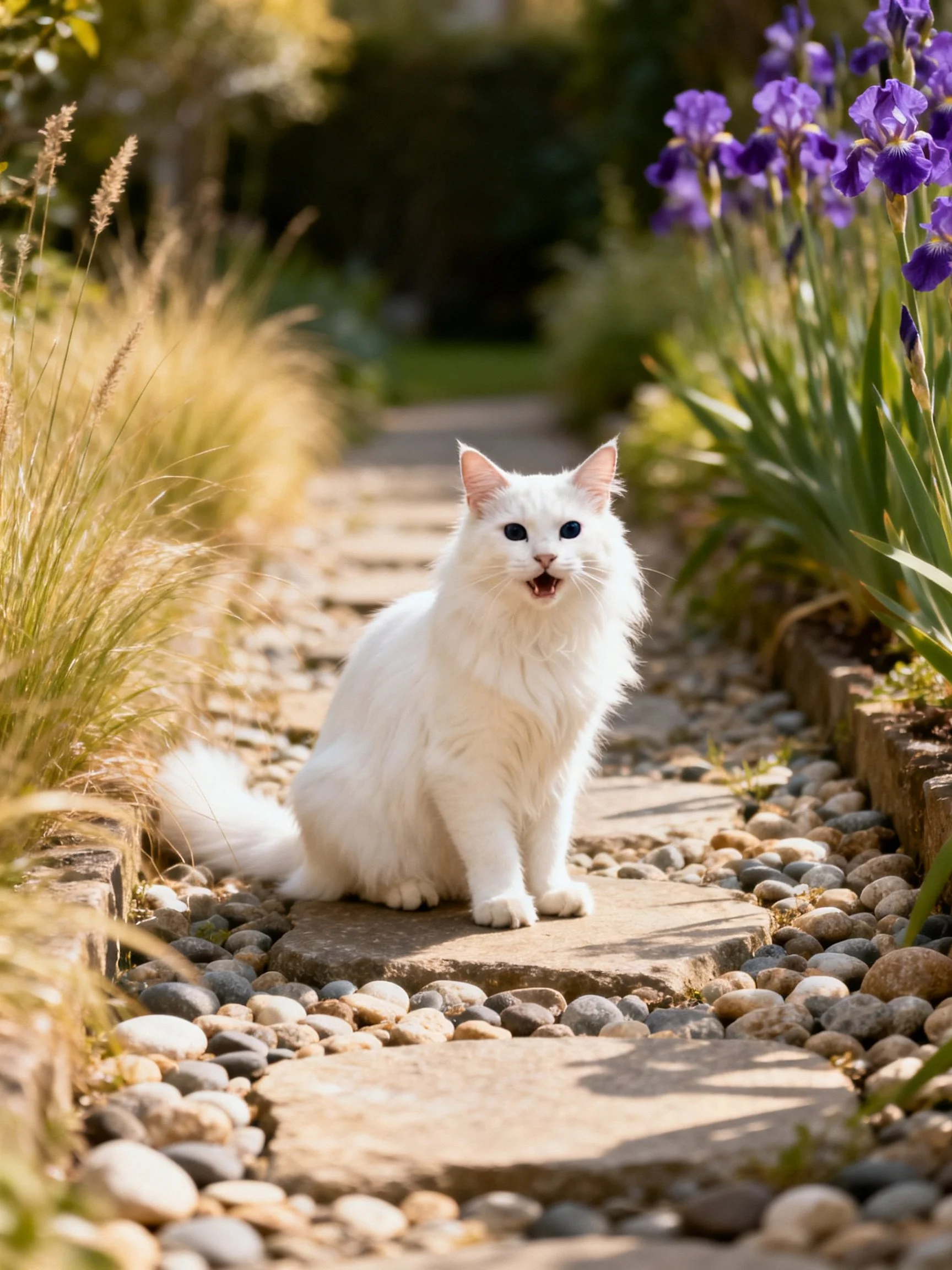 A white cat sits on a stone path surrounded by pebbles and purple flowers.