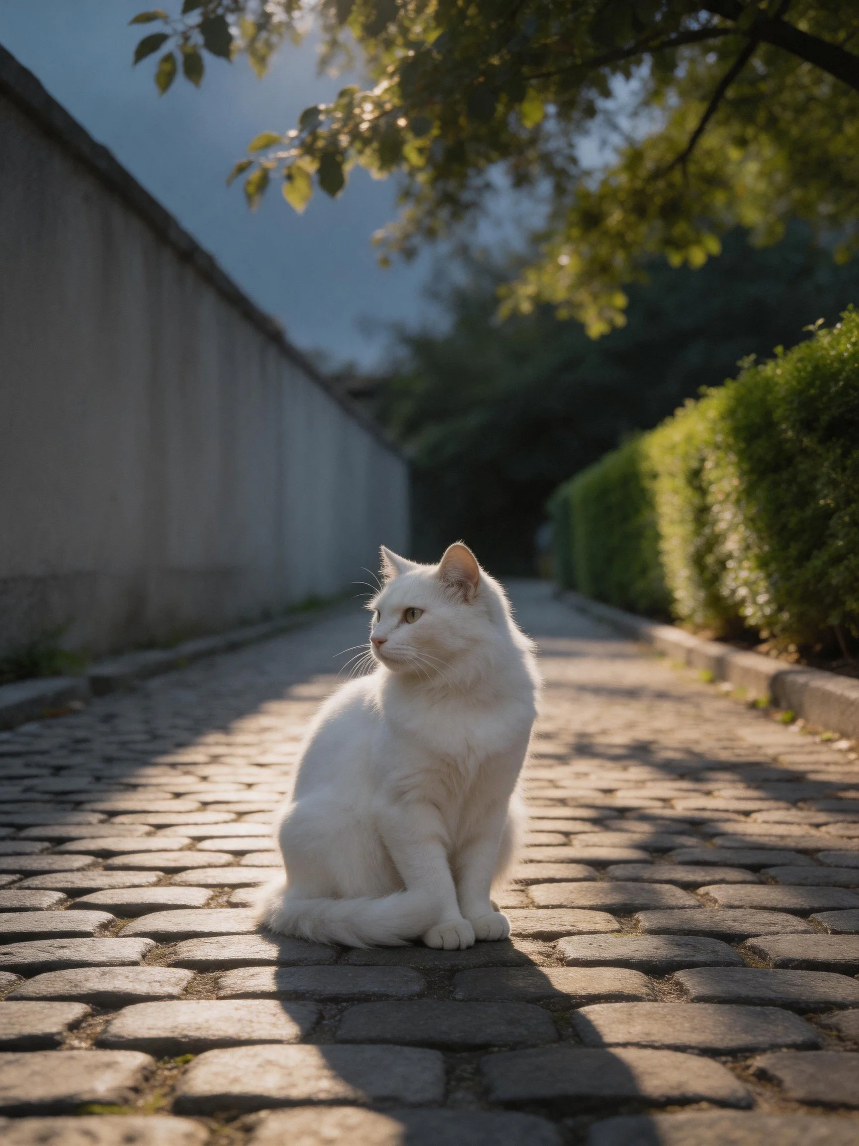 A white cat rests on a sunlit cobblestone path near green hedges and a stone wall