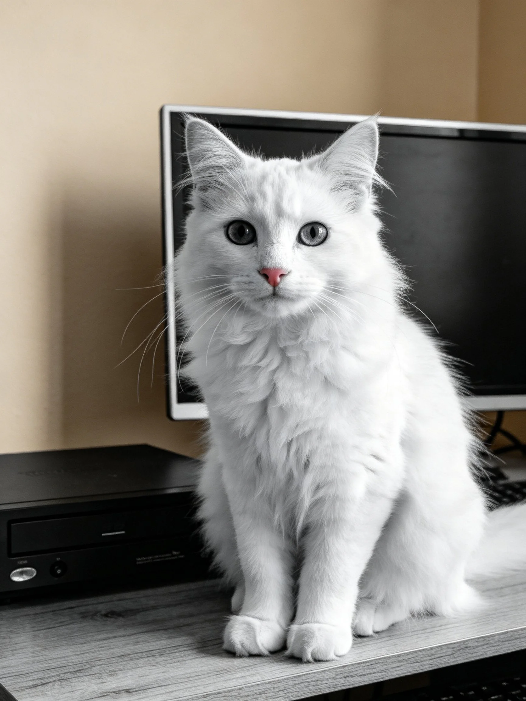 A fluffy white cat sits on a desk near a black monitor and electronic device