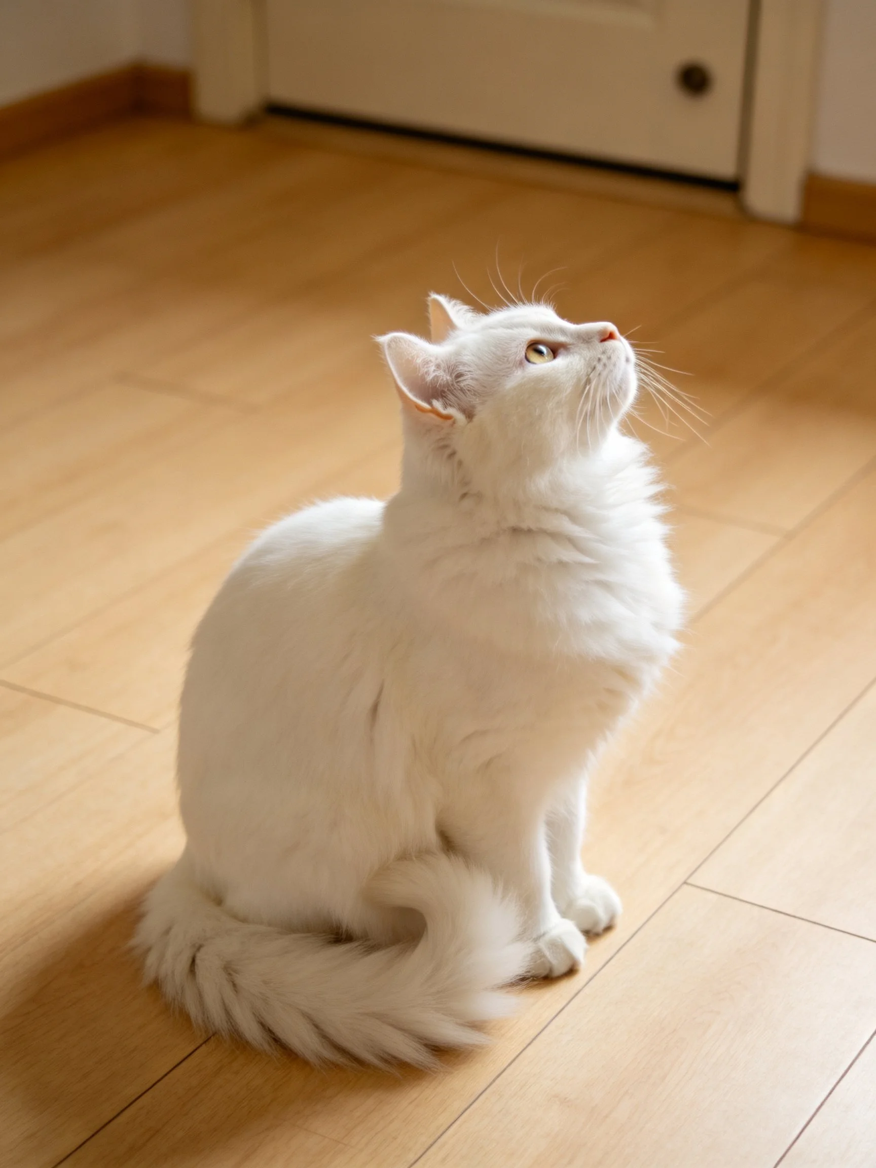 A fluffy white cat sits on a wooden floor, looking upward toward an unseen object.