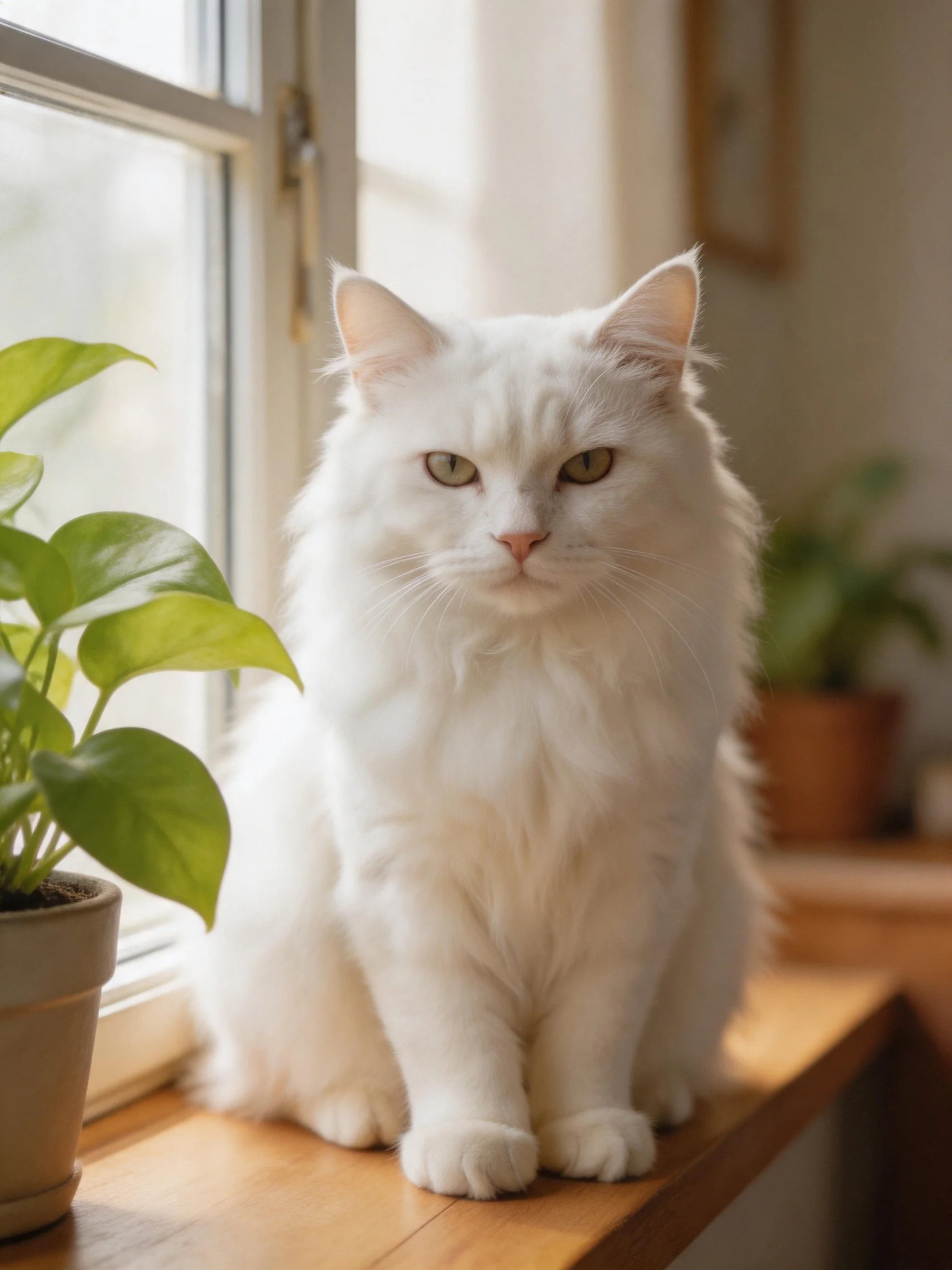 A fluffy white cat rests on a wooden windowsill beside potted plants