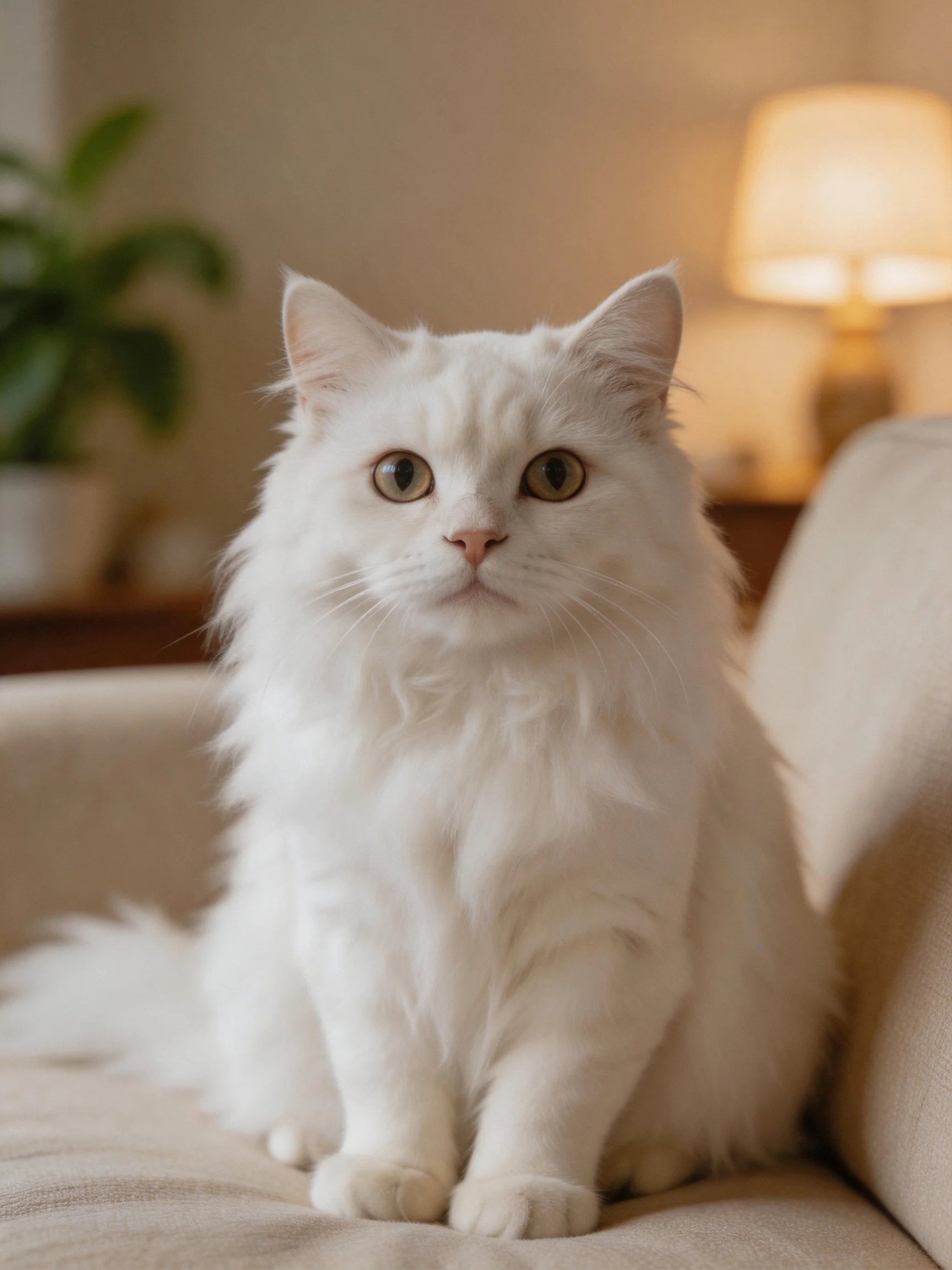 A fluffy white cat sitting on a beige couch indoors