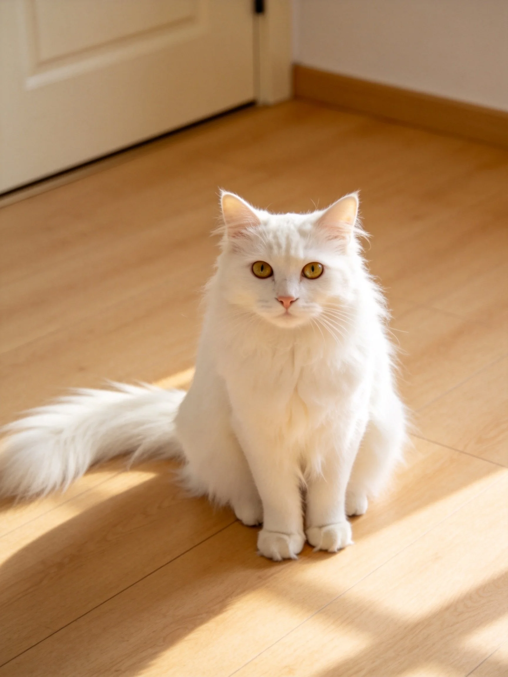 A fluffy white cat sitting on a wooden floor in sunlight