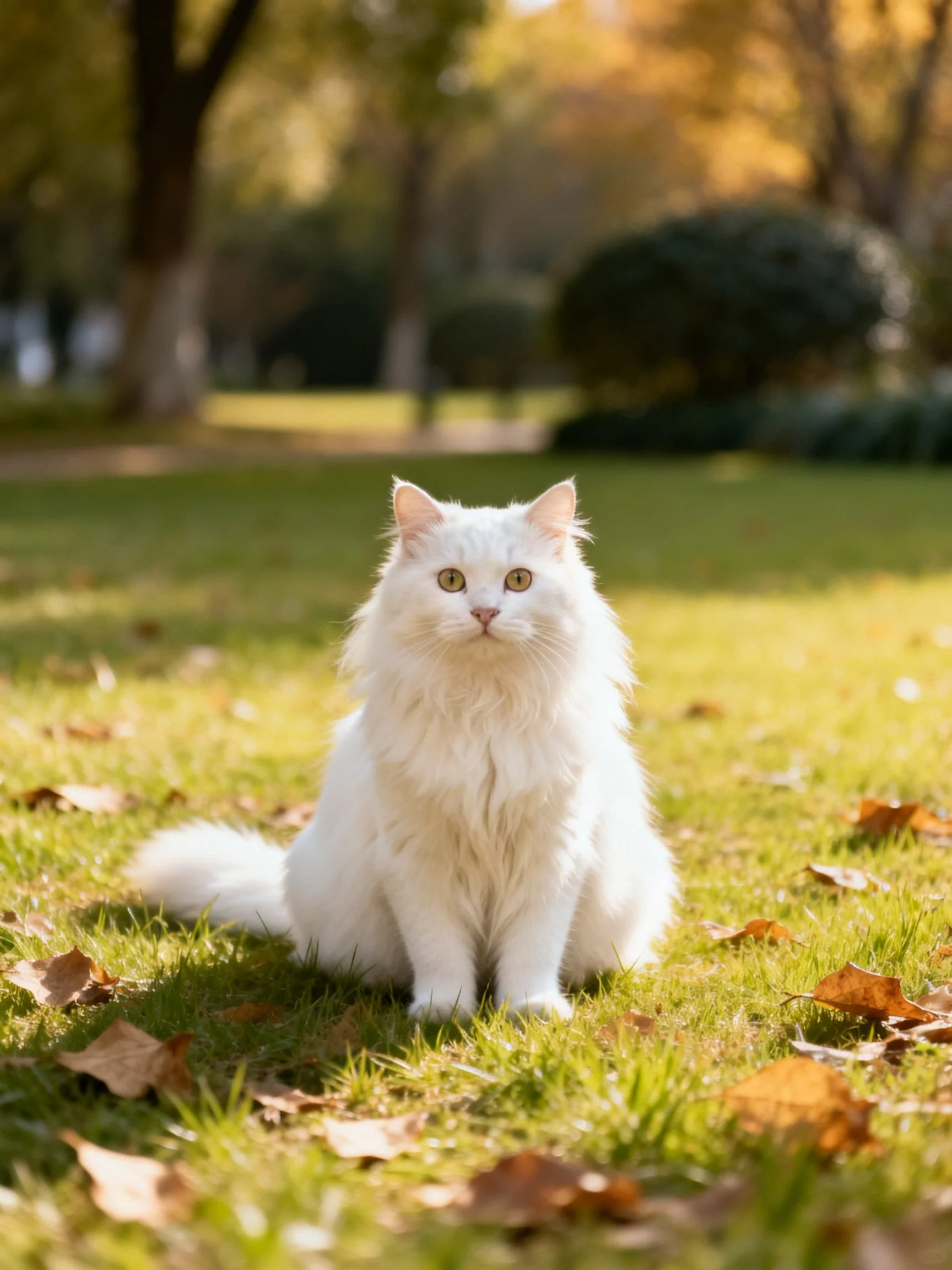 A white, fluffy cat sits calmly among scattered autumn leaves in a sunlit park setting.