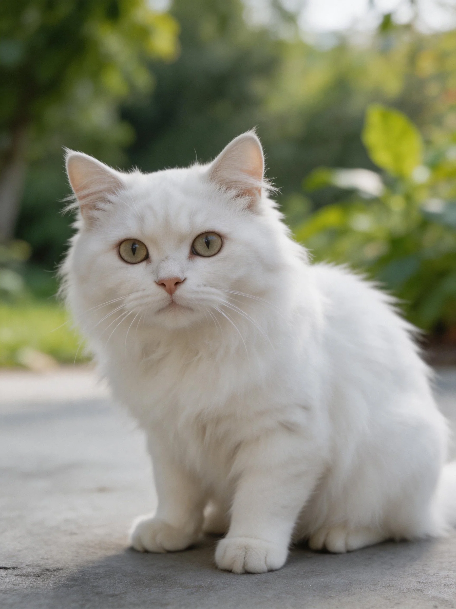 A fluffy white cat sitting outdoors near green foliage