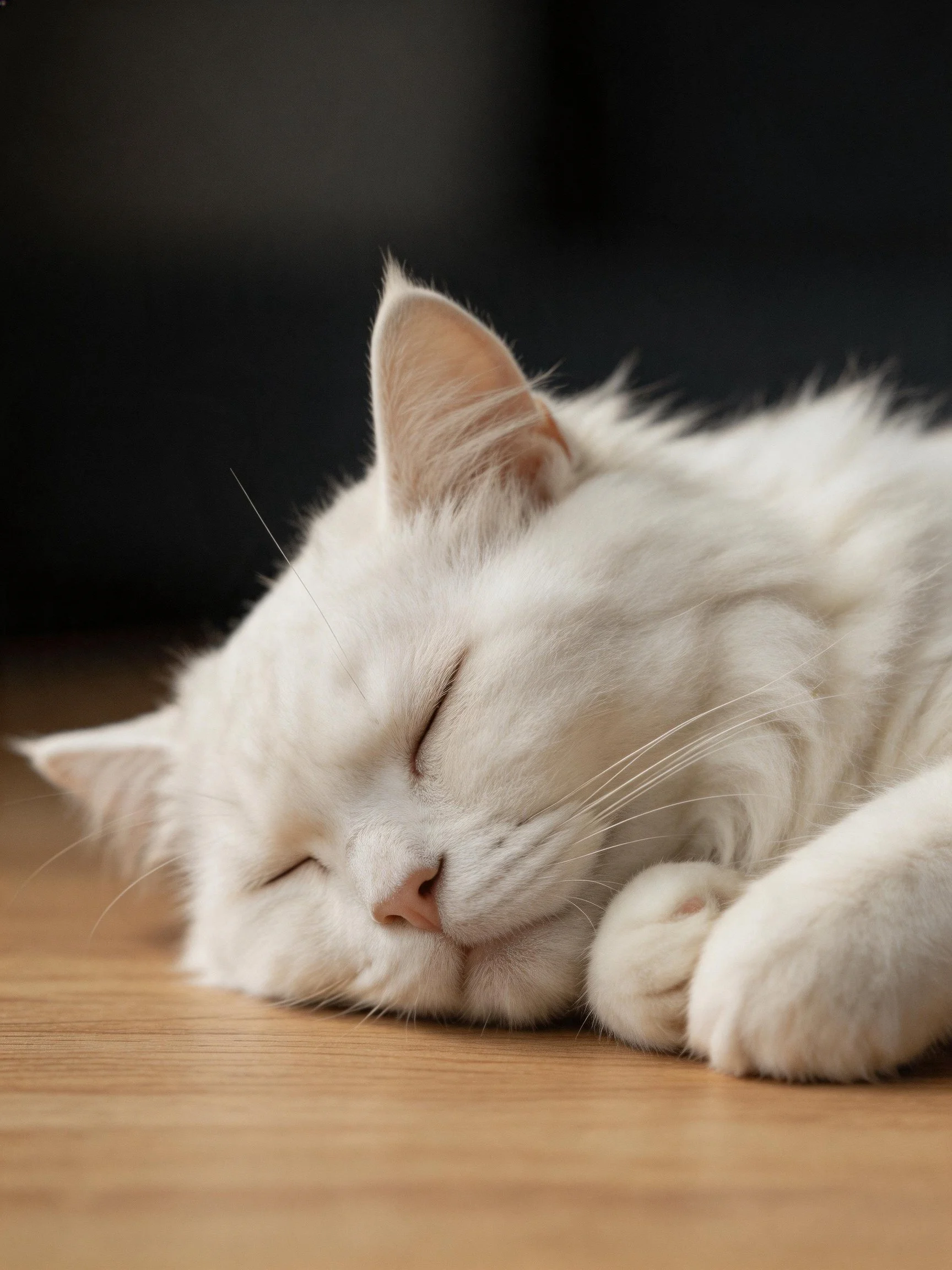 A fluffy white cat sleeps soundly on a wooden floor