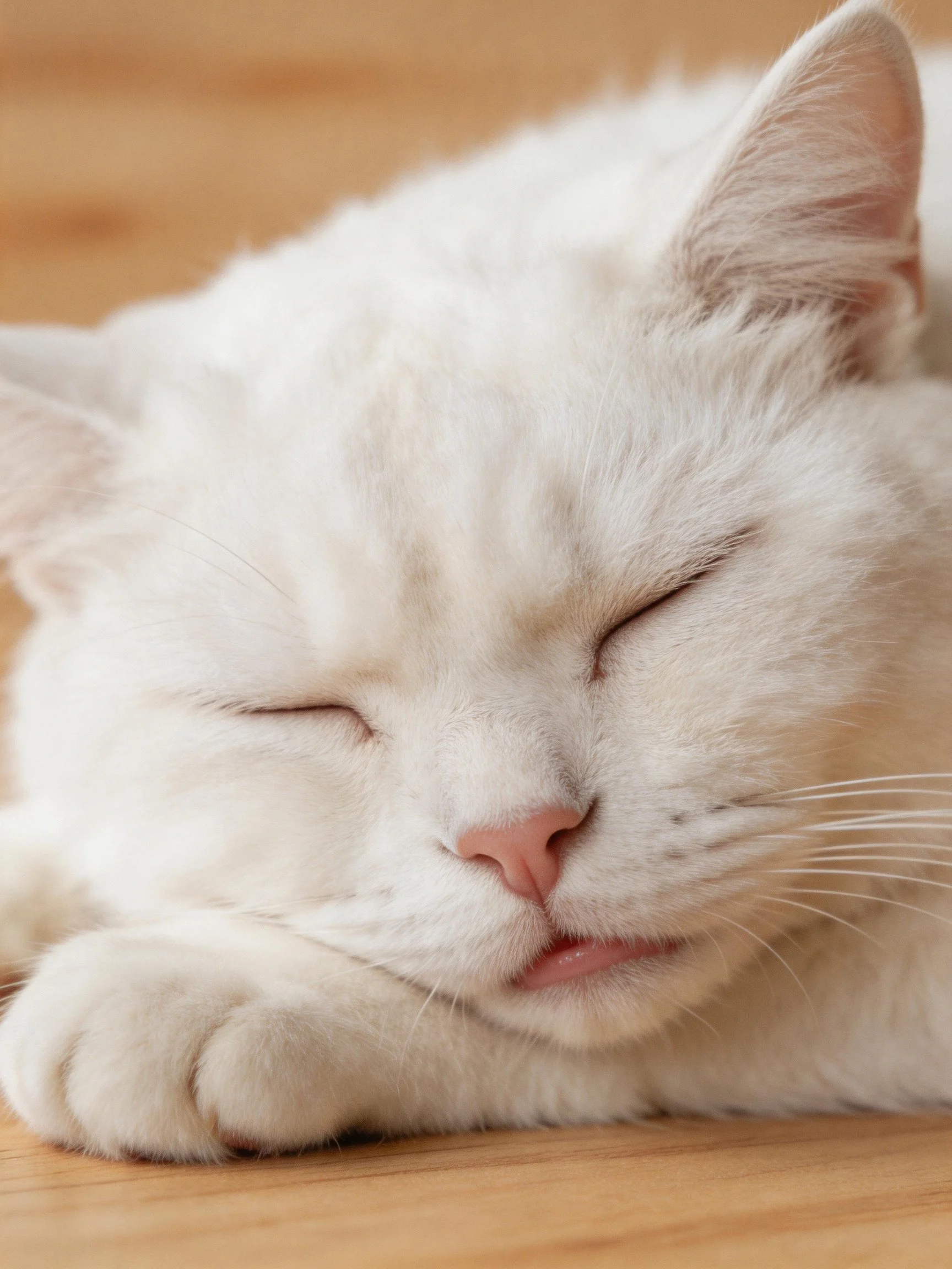 A fluffy white cat sleeps soundly on a wooden surface.