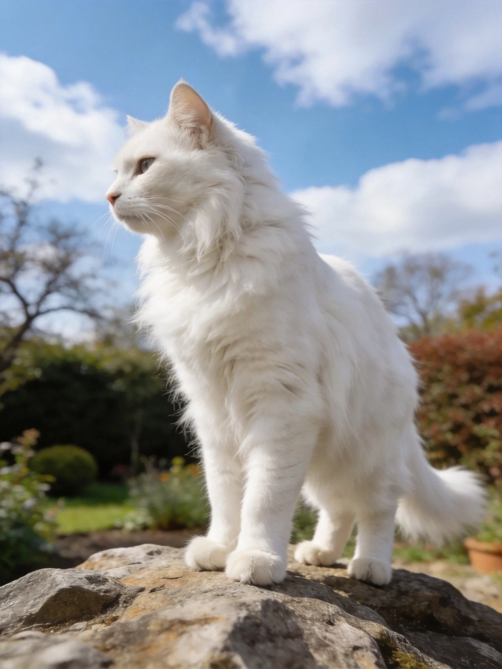 A fluffy white cat stands on a stone in a sunny garden with trees and sky.