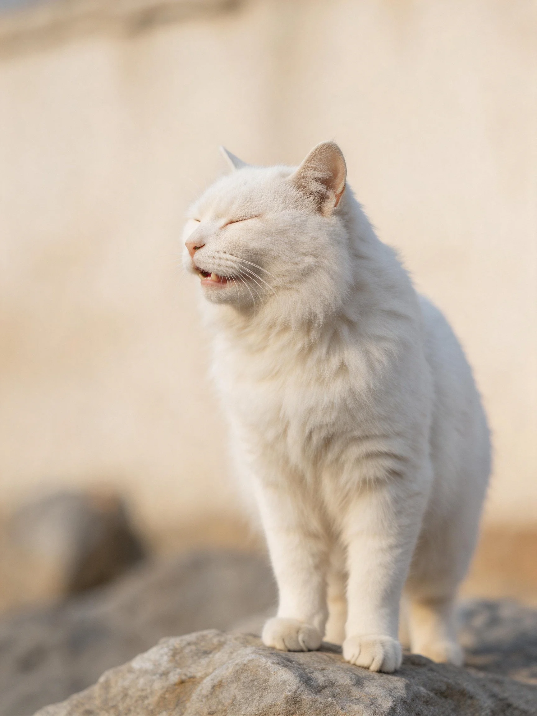 A white cat stands on a rock with eyes closed, bathed in soft daylight.