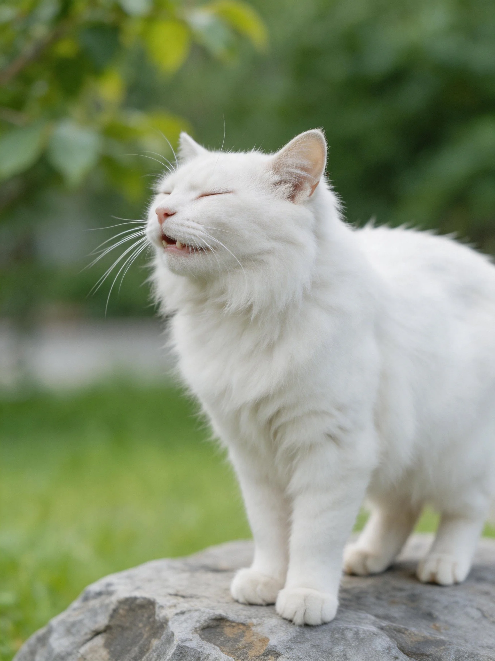 A fluffy white cat stands on a stone in a green outdoor environment.