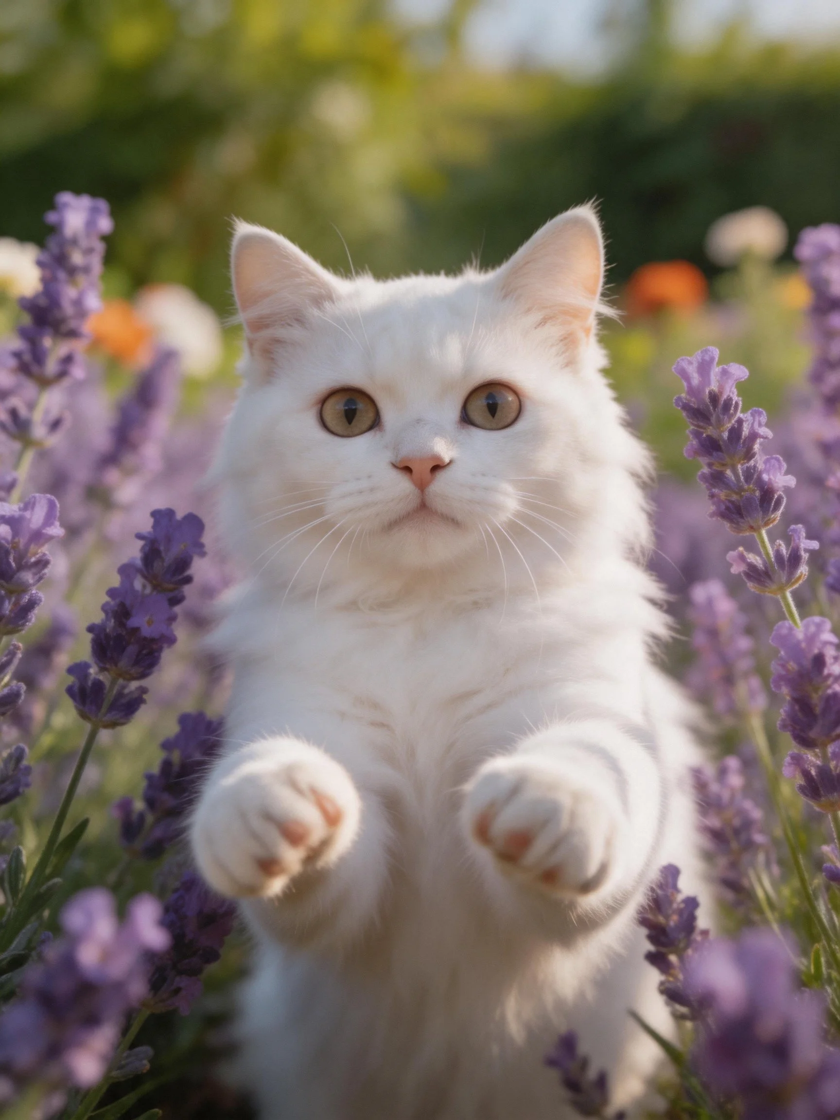 A fluffy white cat stands among lavender flowers in a sunlit garden.