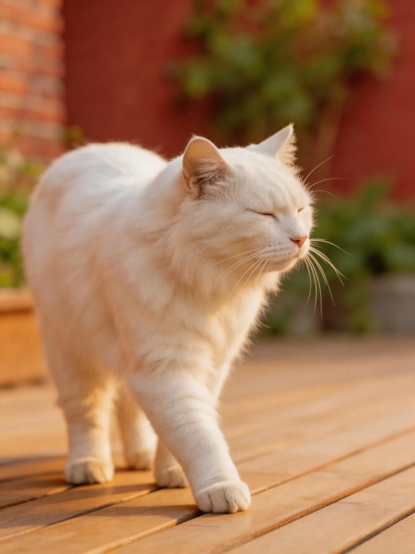 A fluffy white cat walking on a wooden deck outdoors