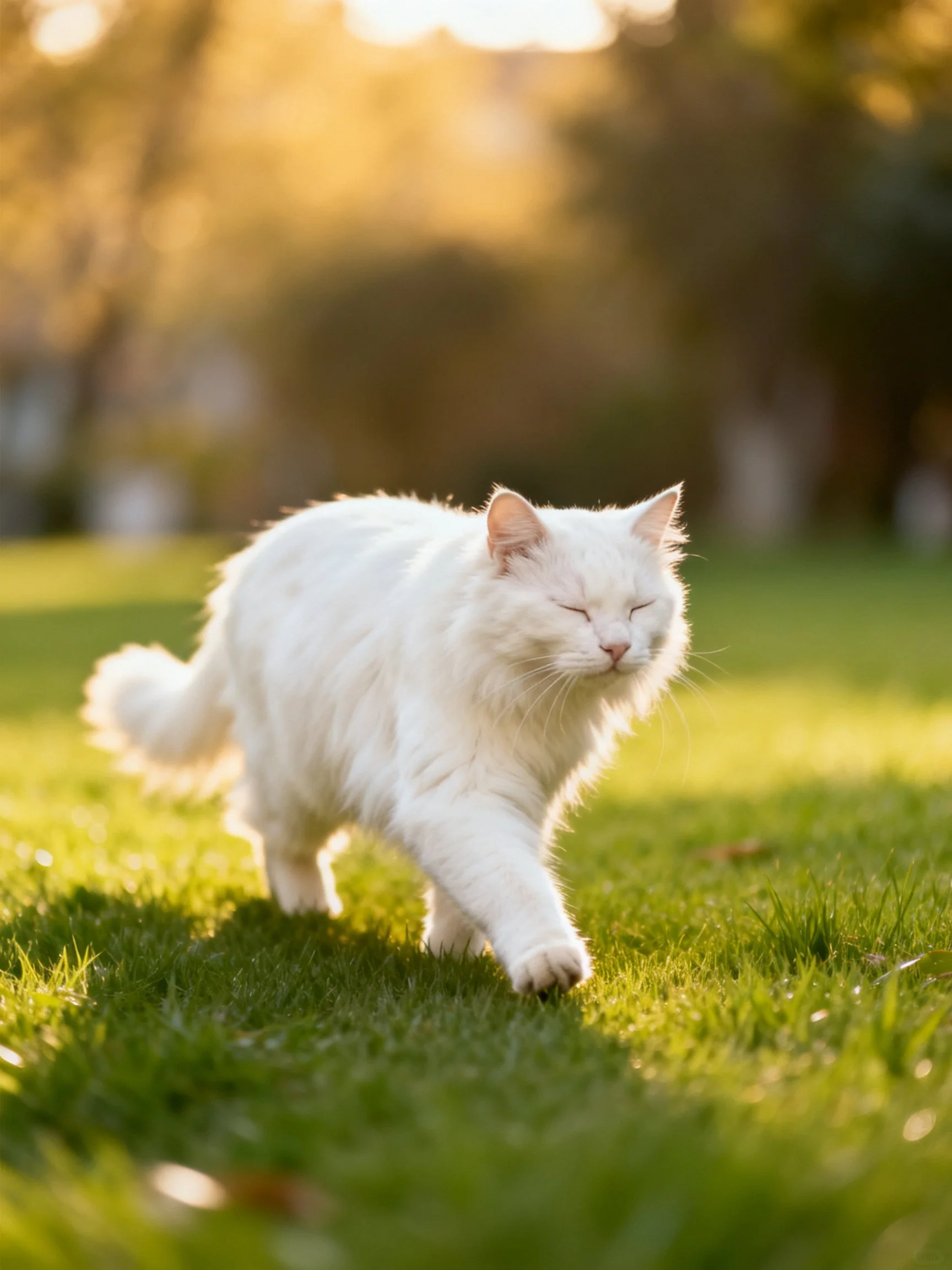 A white cat walks gracefully on sunlit grass in an outdoor setting.