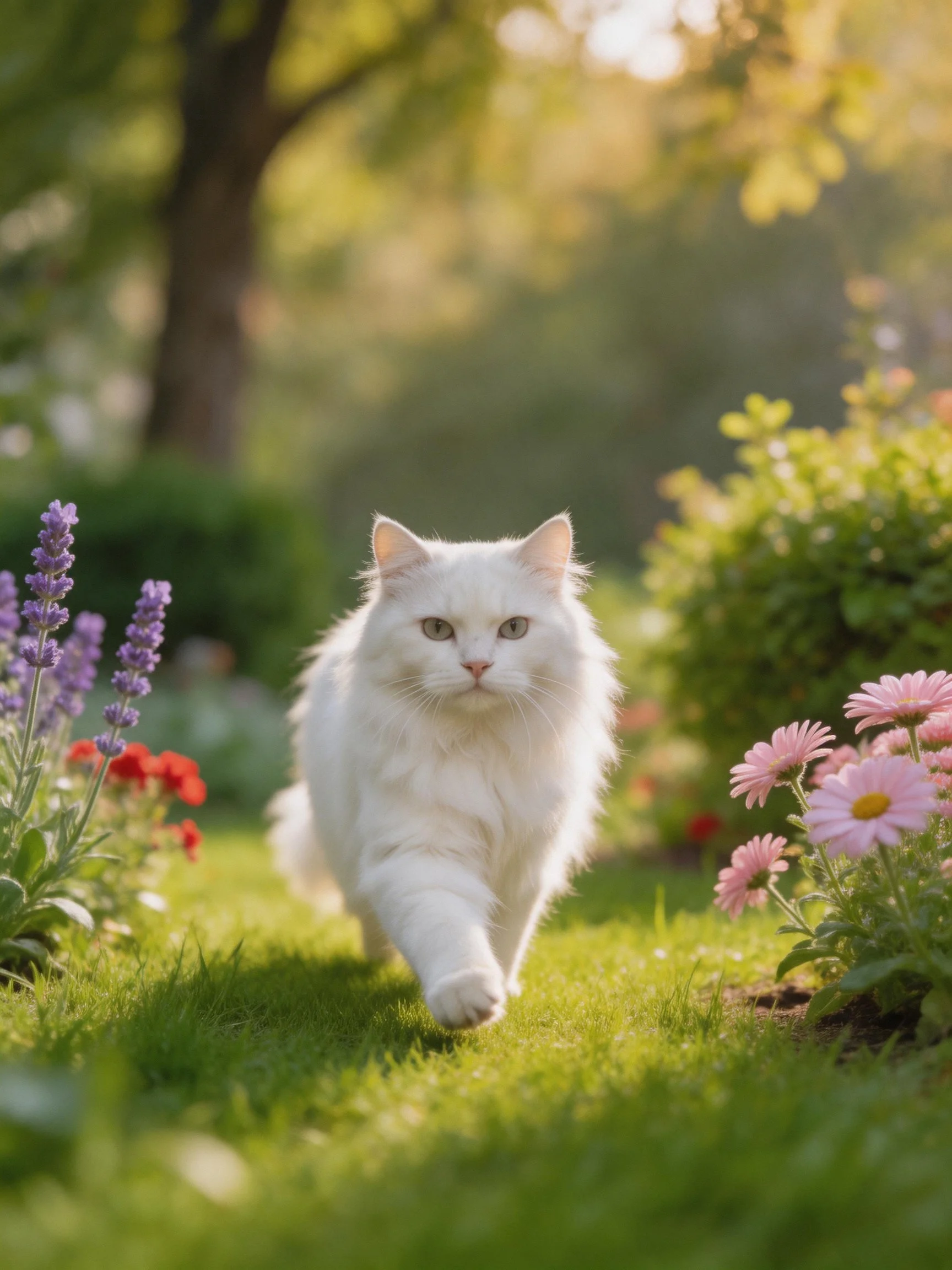 A white cat explores a sunlit garden with vibrant flowers