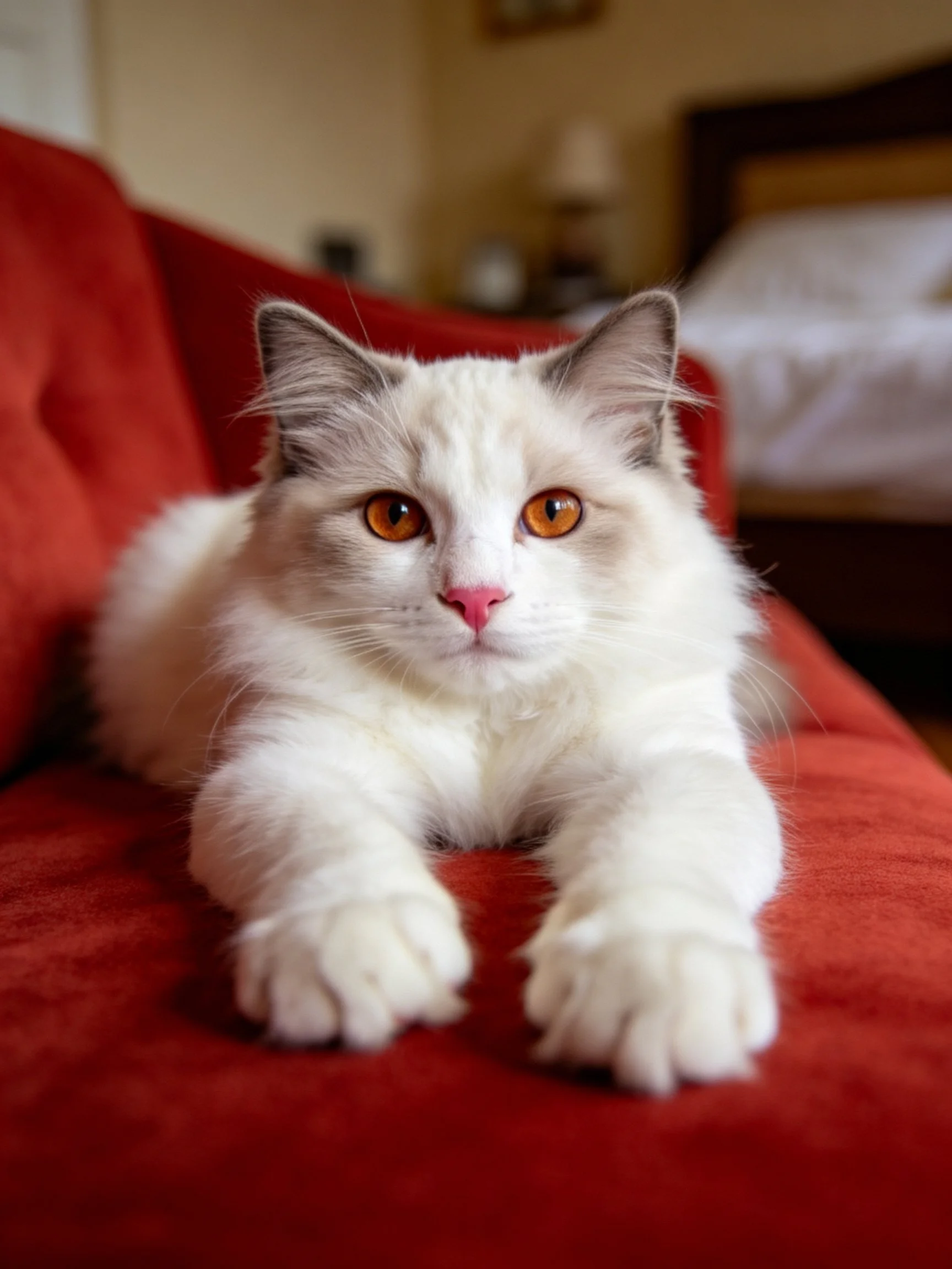 A fluffy white cat with amber eyes rests on a crimson sofa