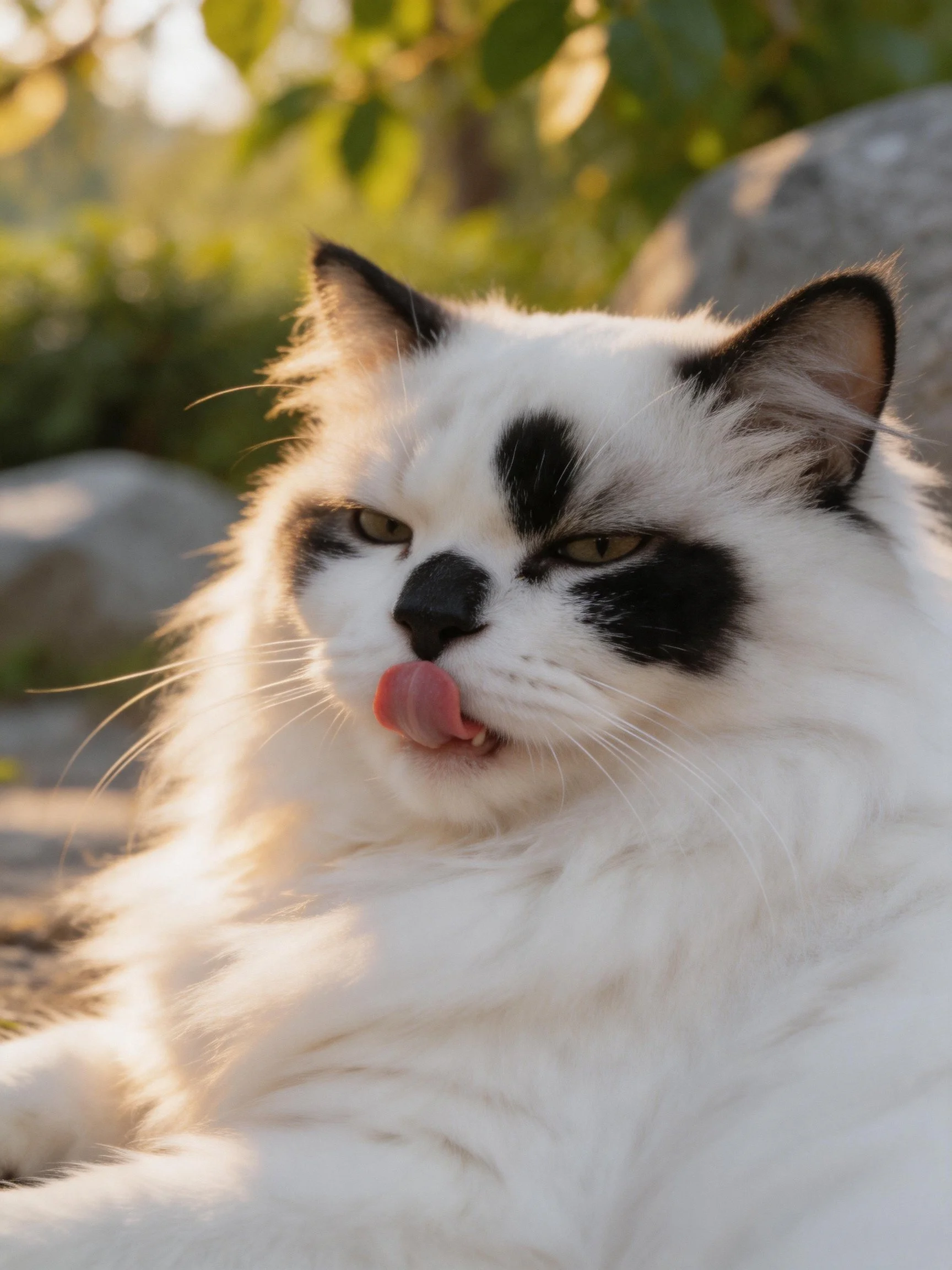 A fluffy white cat with black facial markings relaxes in a sunlit outdoor