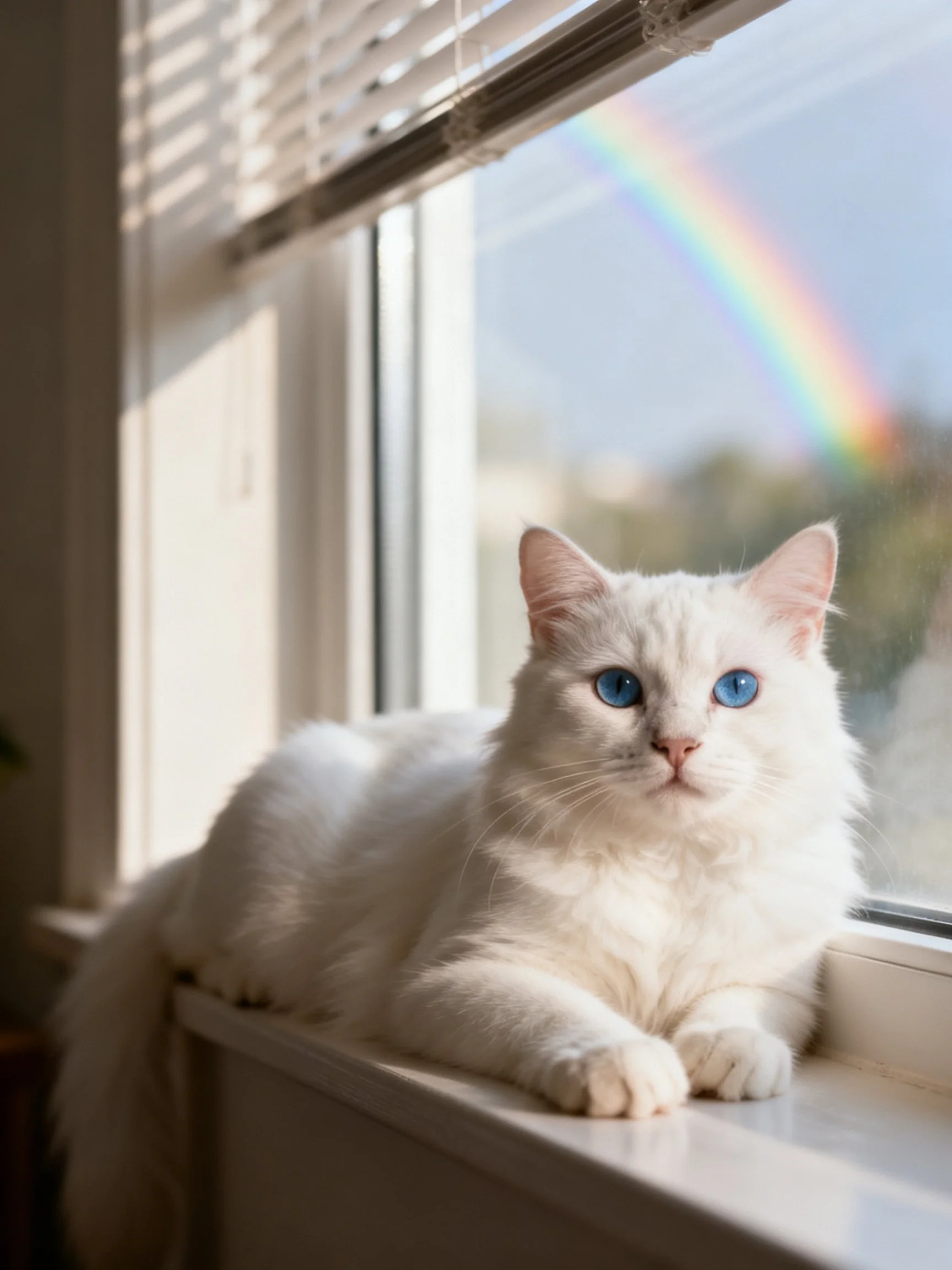 A white cat with blue eyes relaxes near a window with a rainbow