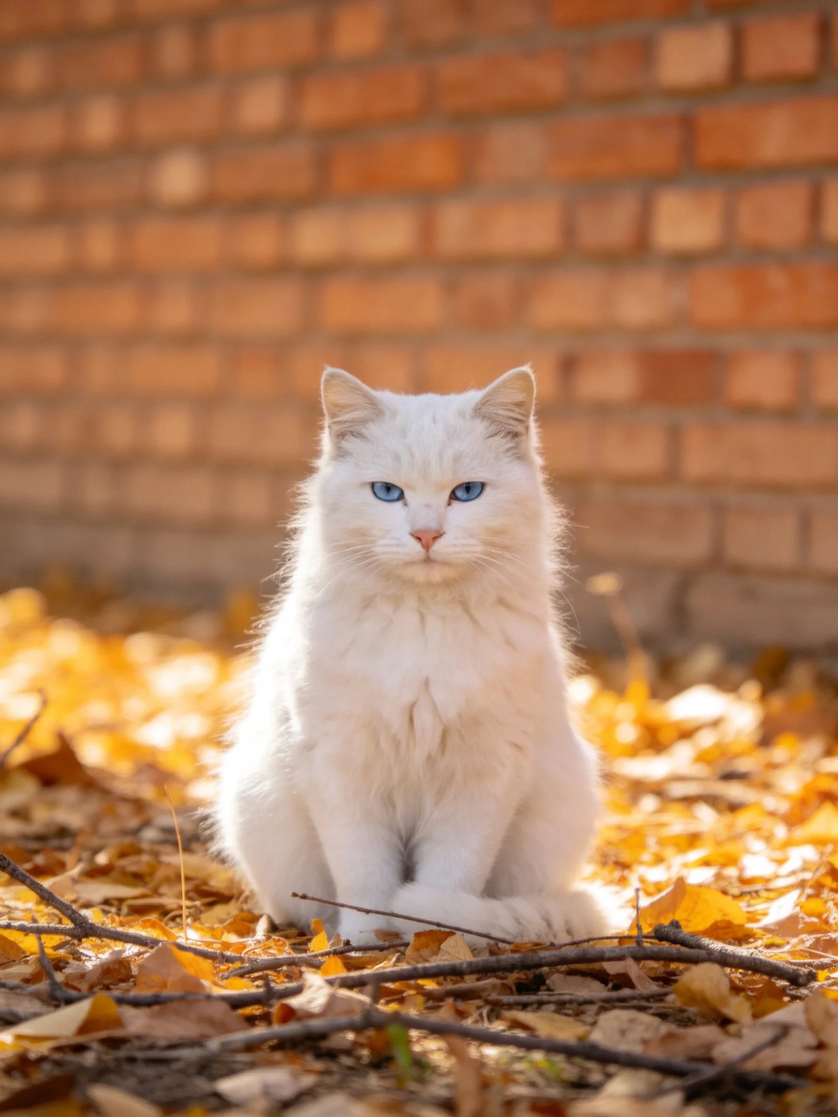 A white cat with blue eyes rests among fallen leaves next to a brick wall.