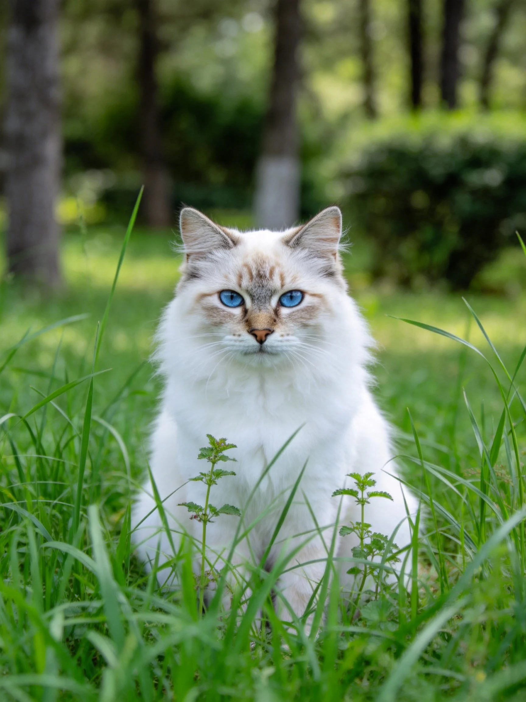A fluffy white cat with blue eyes sits amid tall green grass