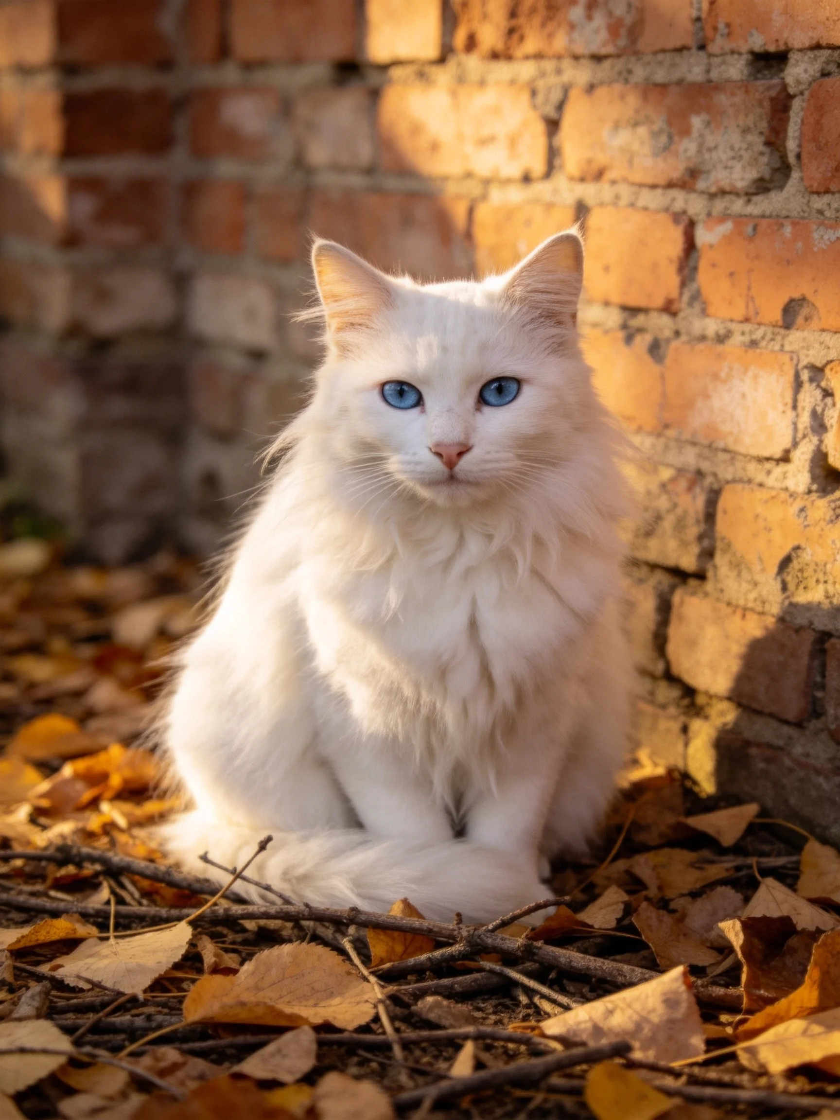 A white fluffy cat with blueeyes rests beside a weathered brick wall amid autumn foliage.