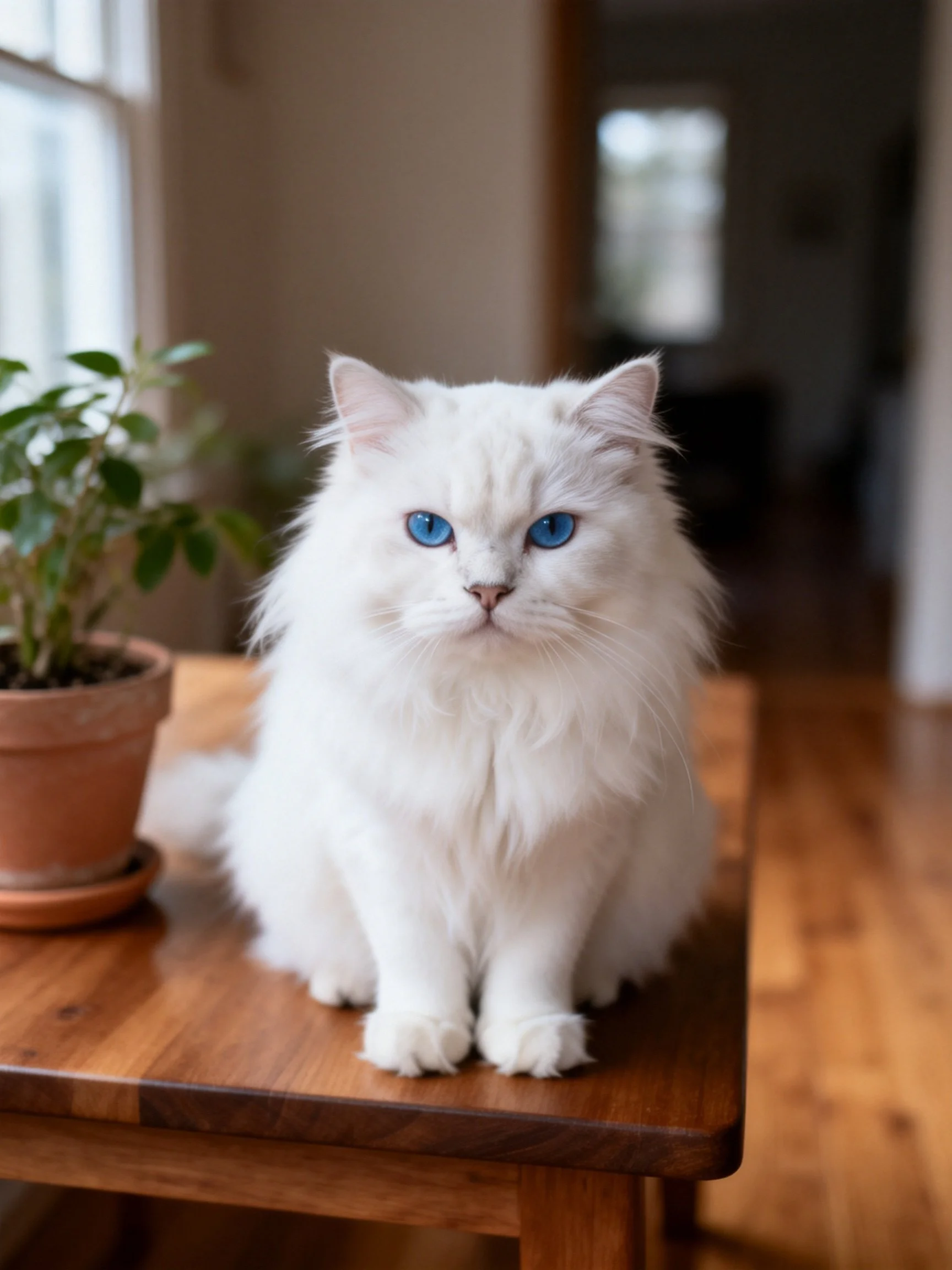 A fluffy white cat with blue eyes sits on a wooden table near a potted plant