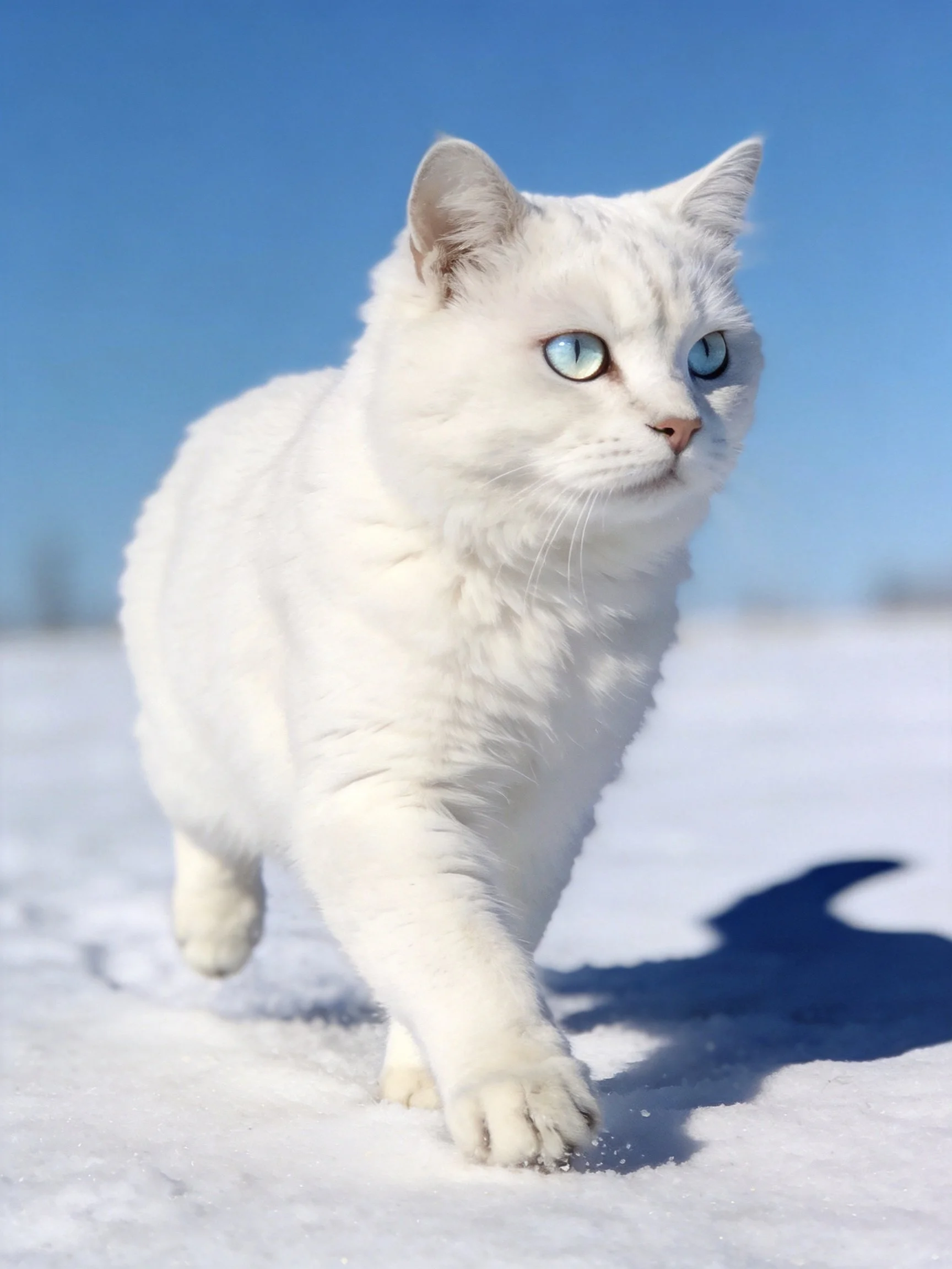 A white cat with blue eyes walks on snow under a clear blue sky.