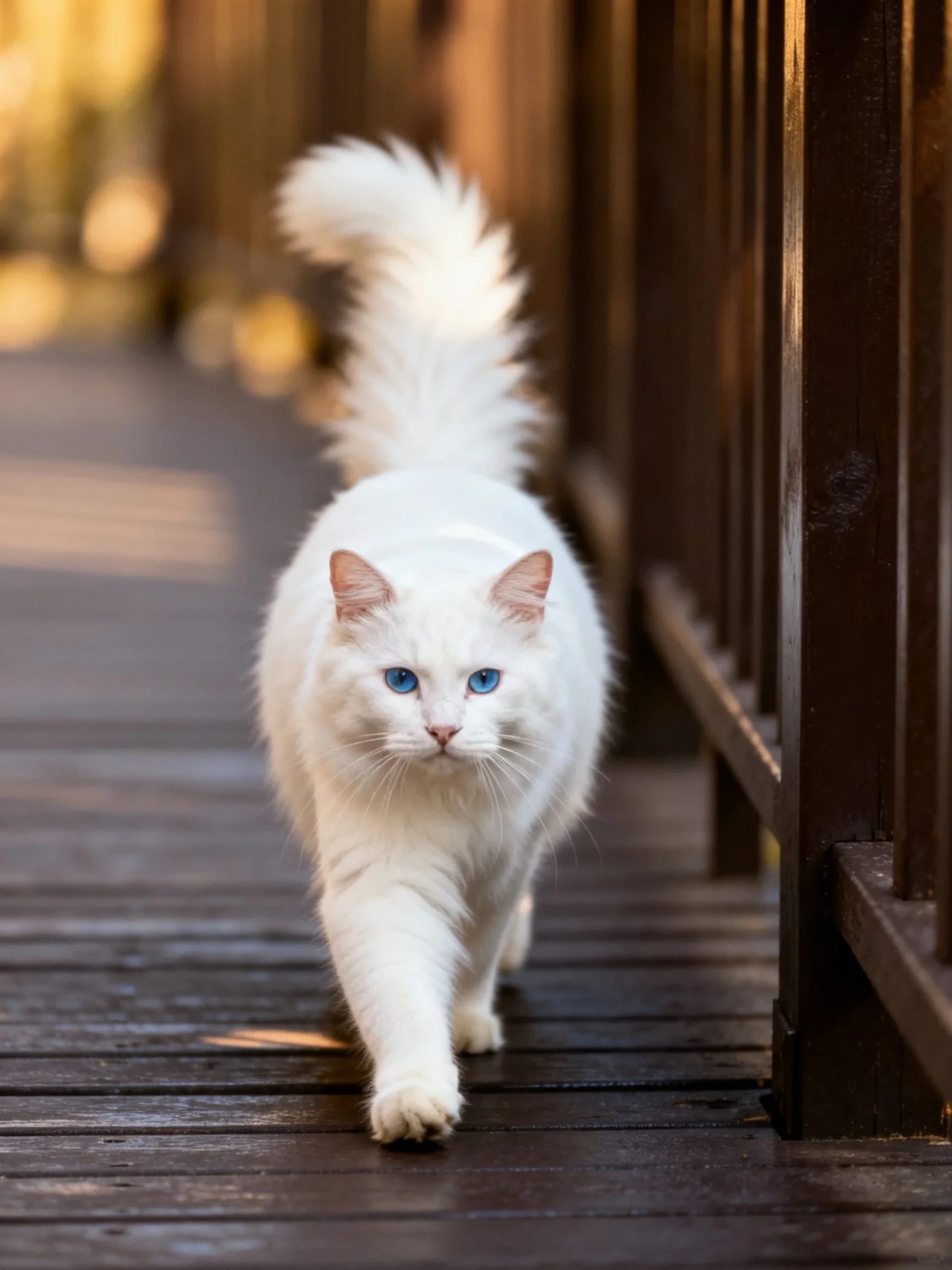 A fluffy white cat with blue eyes walks on a wooden bridge