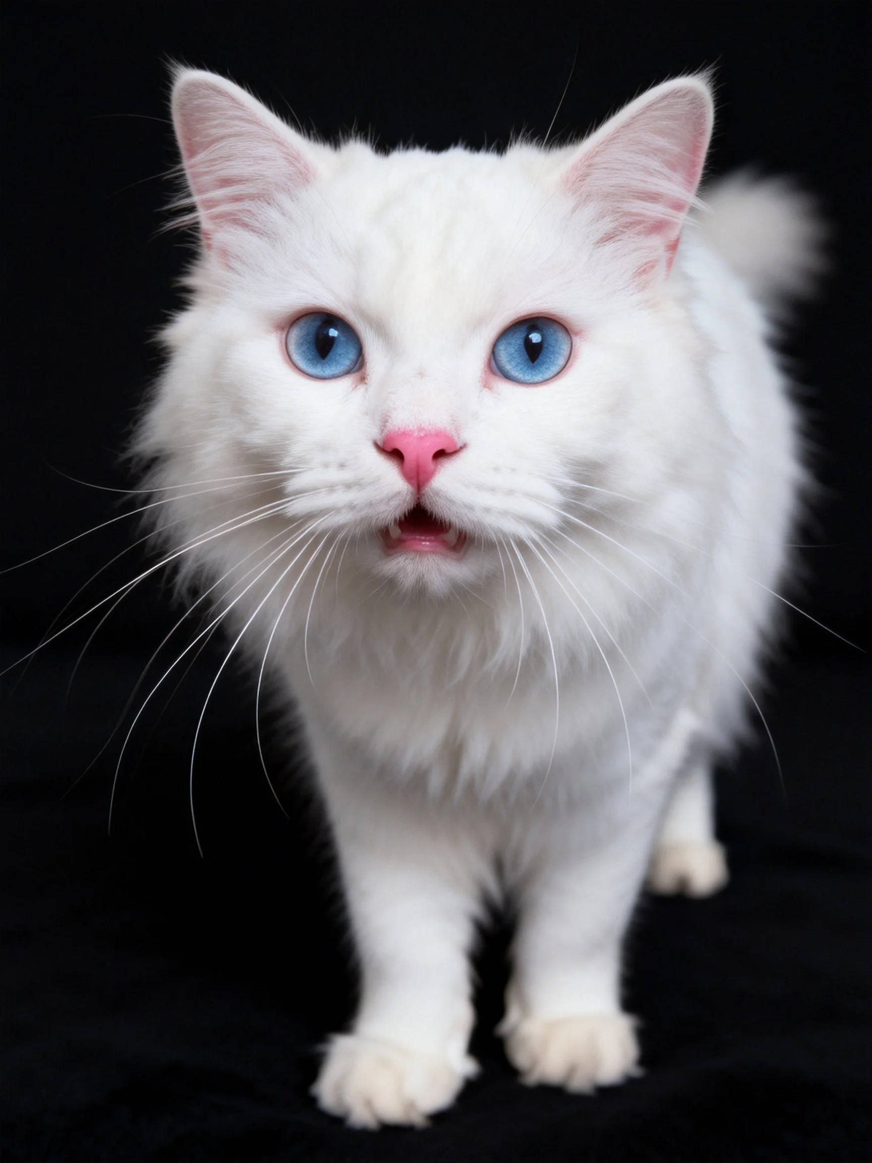 A white cat with blue eyes stands out against a dark background.