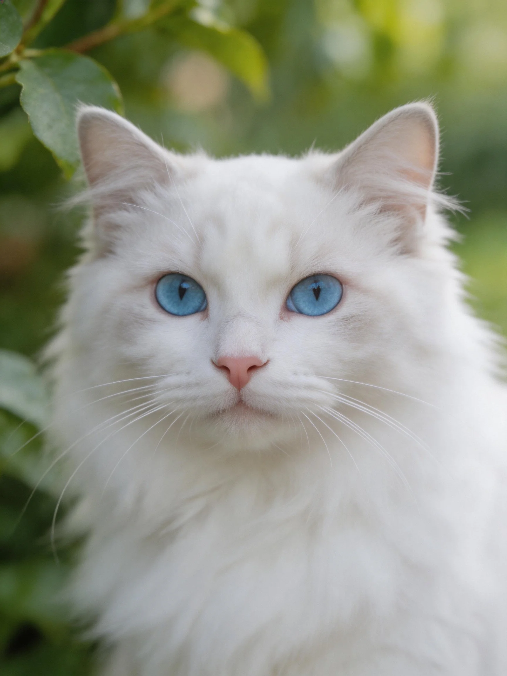 A fluffy white cat with blue eyes sits amid greenery.