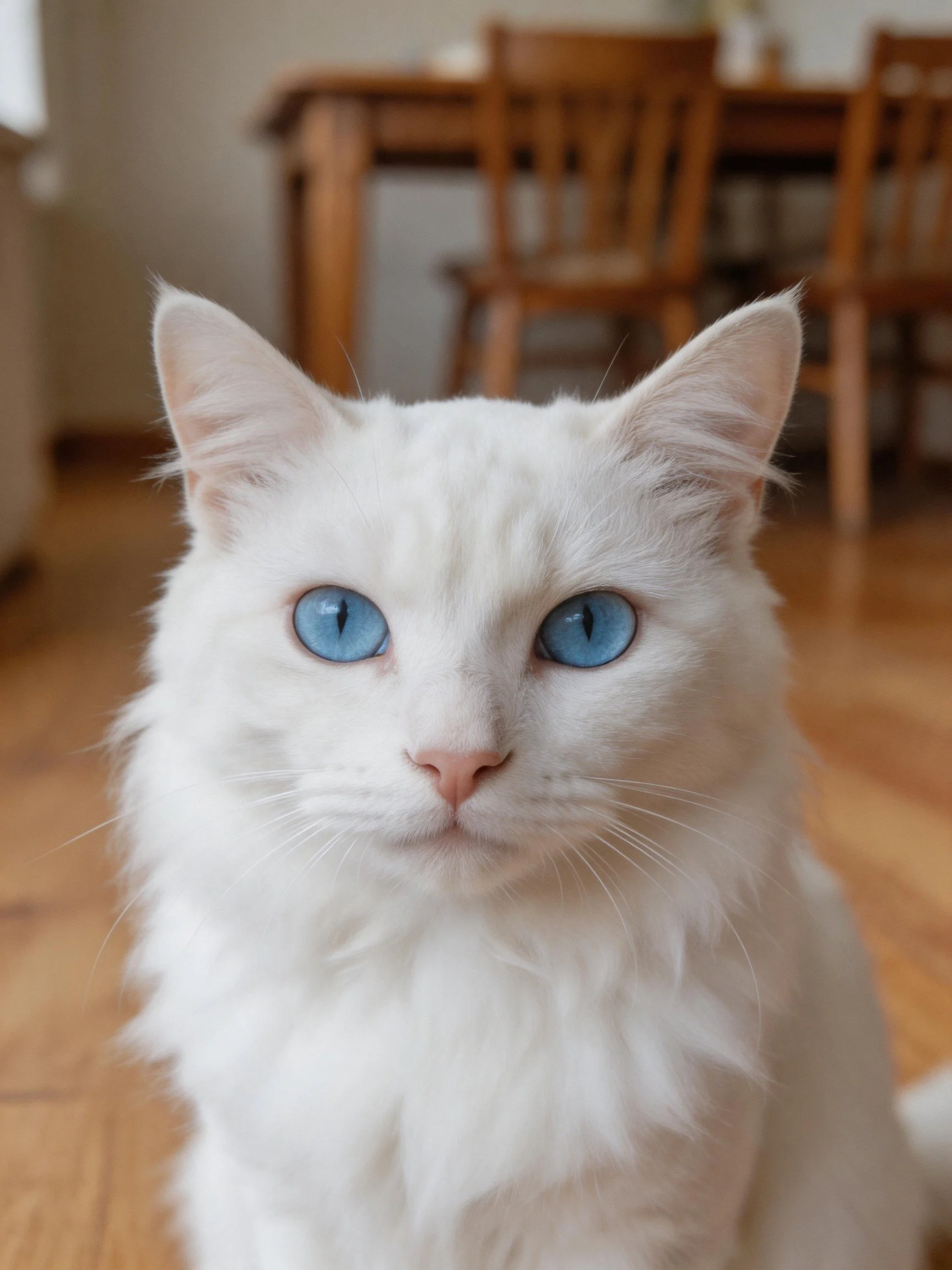 A fluffy white cat with bright blue eyes sits in a wooden-floored room.