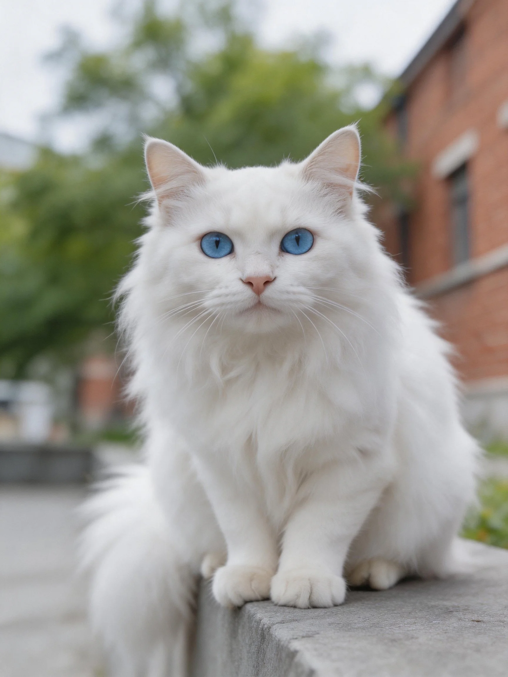 A fluffy white cat with blue eyes rests on a concrete ledge near a brick building