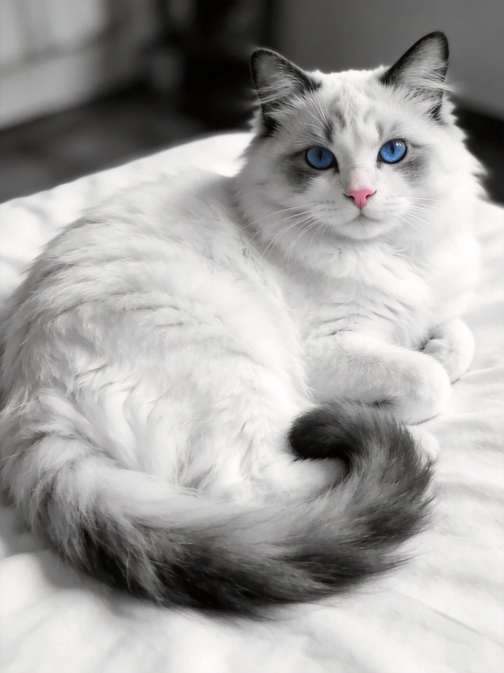 A fluffy white cat with bright blue eyes relaxes on soft bedding.